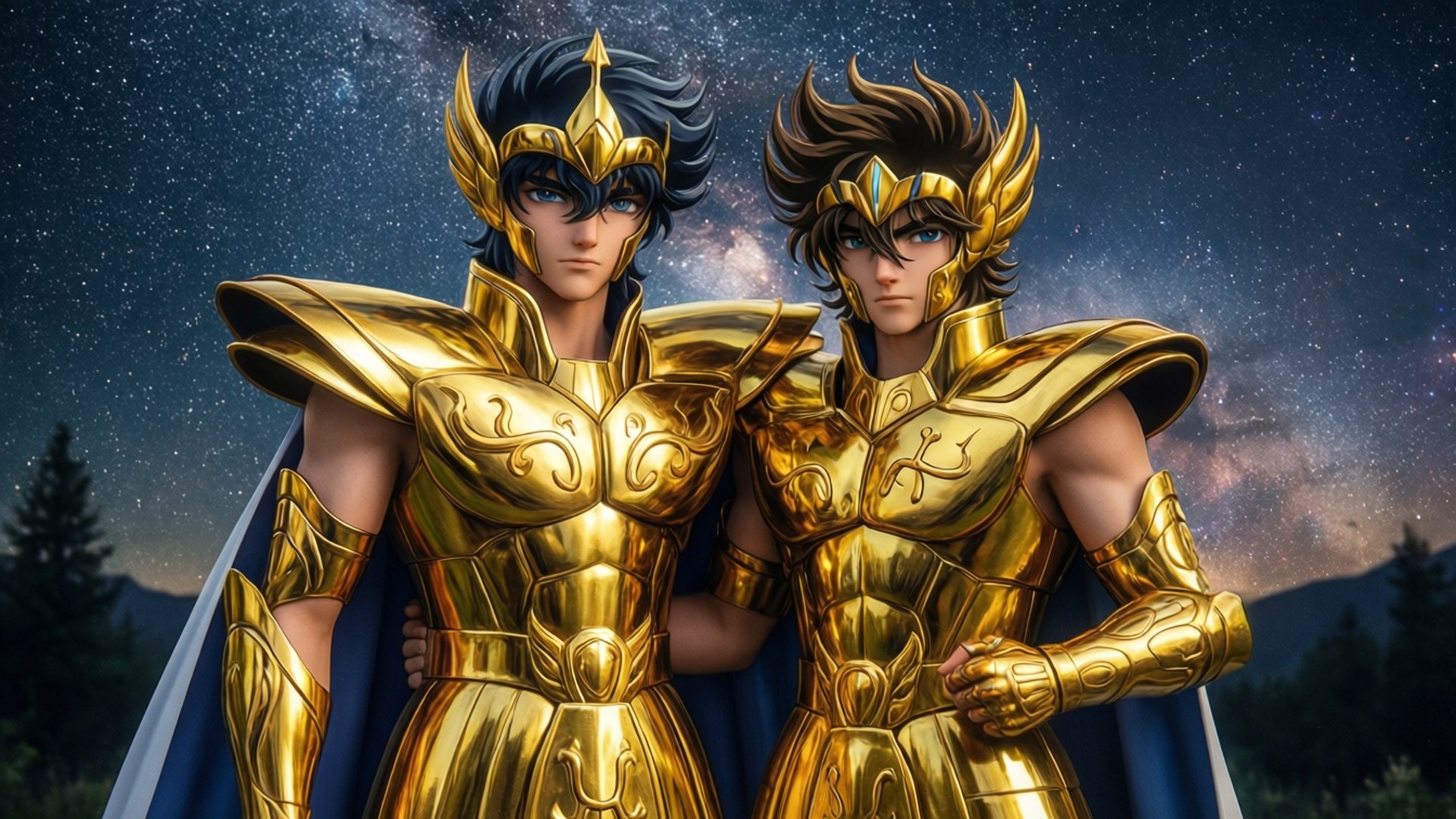 兩名身穿金色鎧甲的動漫戰士站在星空下。