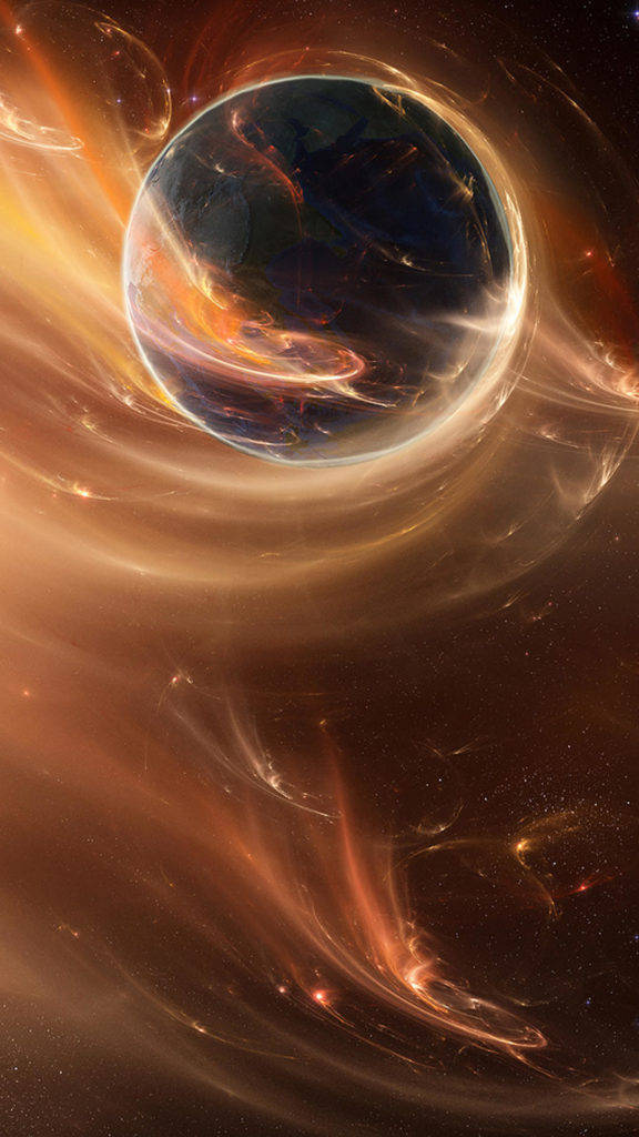 一顆發光的行星在旋轉的星雲中，背景有星星。