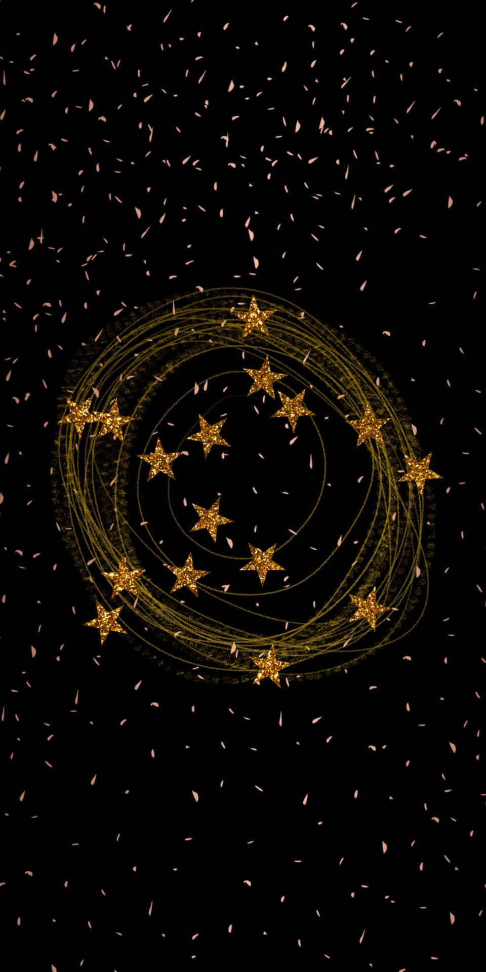 金色星星在發光環中運行，黑色背景上飄落玫瑰花瓣