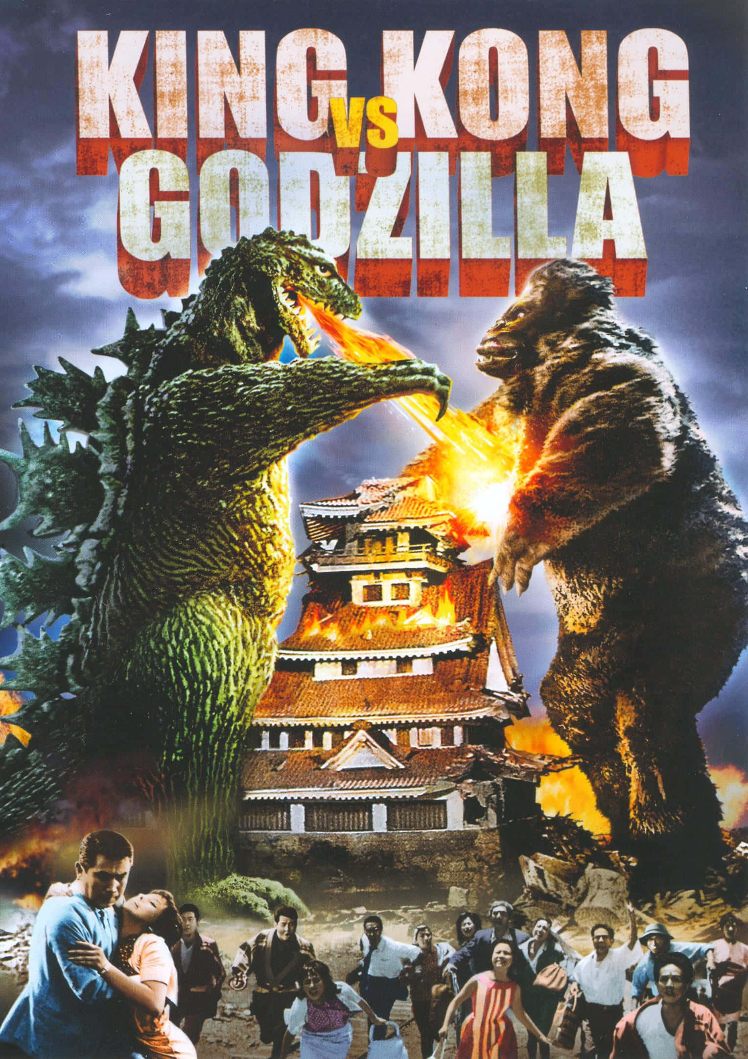 Godzilla Vs Kong 桌布 壁紙 — 金剛和哥斯拉在燃燒的日本城堡上空激烈交戰，驚恐的人們在下方逃竄。