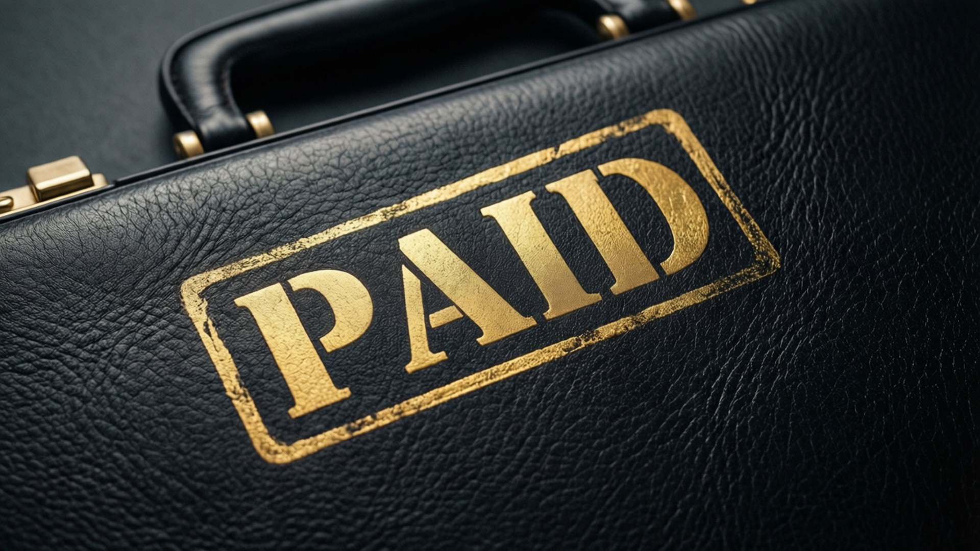 黑色皮革公事包，帶有金色「PAID」印章，表示已收到付款。