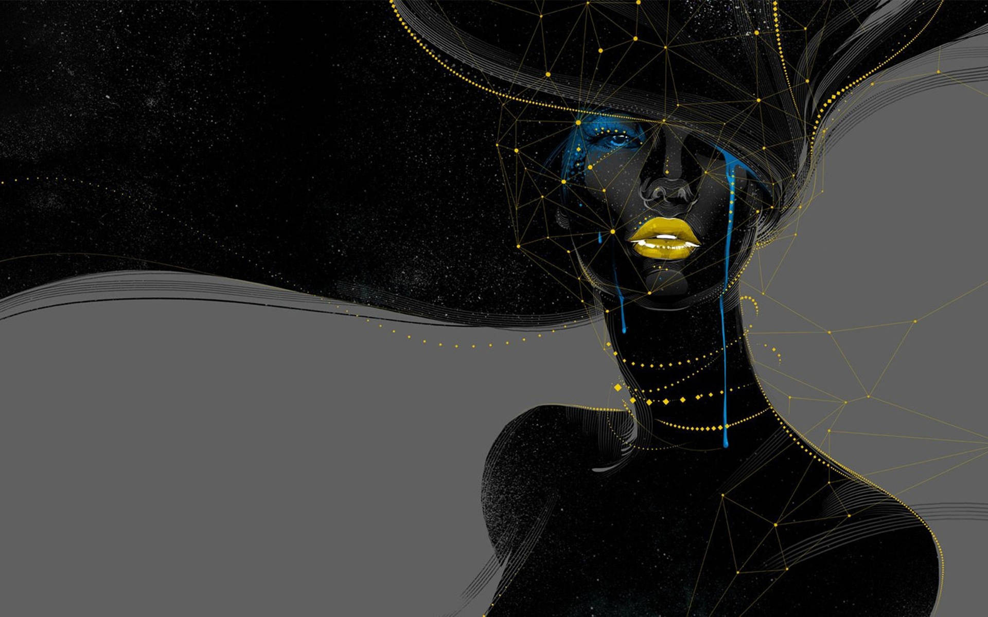 一位擁有金色嘴唇和藍色眼淚的女性，以宇宙數碼藝術風格呈現。