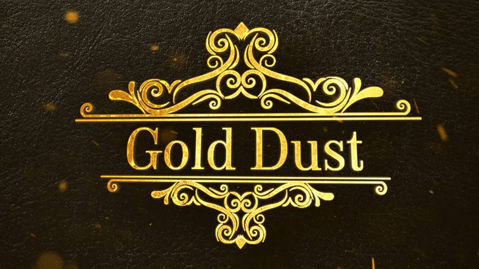 Gold Dust 標誌，在黑色皮革上帶有裝飾性漩渦和漂浮的金色粒子。