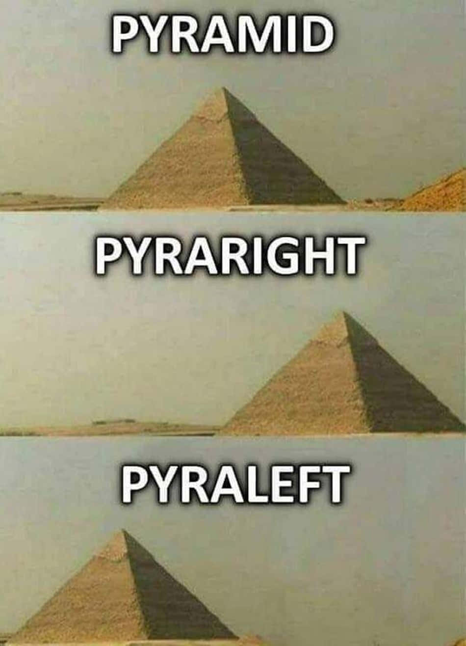 金字塔 Pyraright 與 Pyraleft 搞笑呆圖 壁紙 — 三個面板顯示一個金字塔，文字PYRAMID PYRARIGHT PYRALEFT幽默地突出其右側和左側。