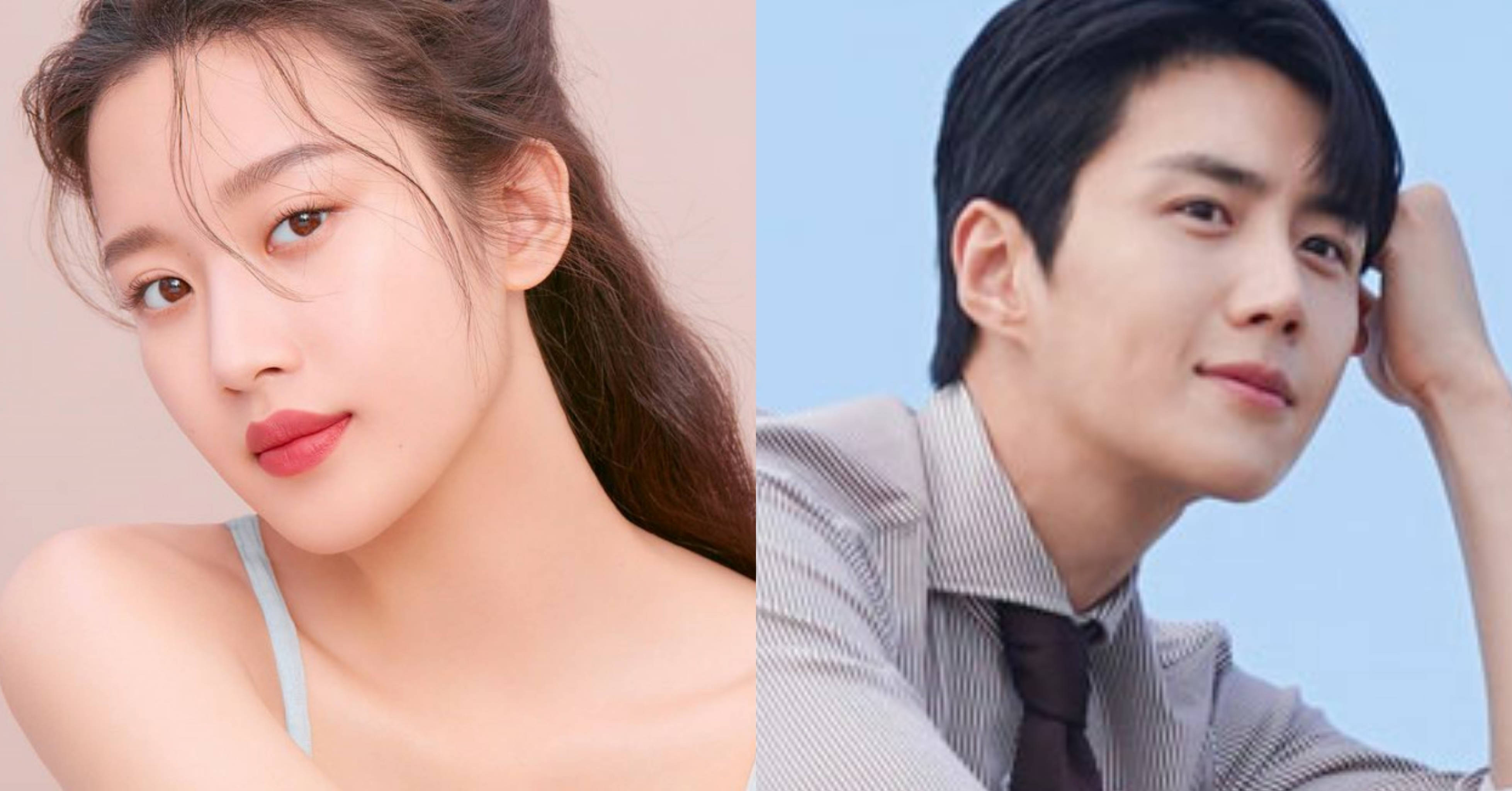金宣虎與Moon Ga-Young合照 壁紙 — 一位化淡妝的女性和一位穿條紋襯衫的男性在柔和背景下的分割肖像。