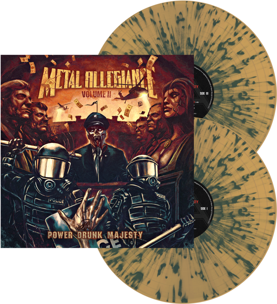 金屬_忠誠_第二輯_黑膠封面藝術 壁紙 — Metal Allegiance Volume II 的專輯封面藝術展示了一幅粗糙的插圖，描繪了警察和人物在火焰背景中飄落的金錢中。