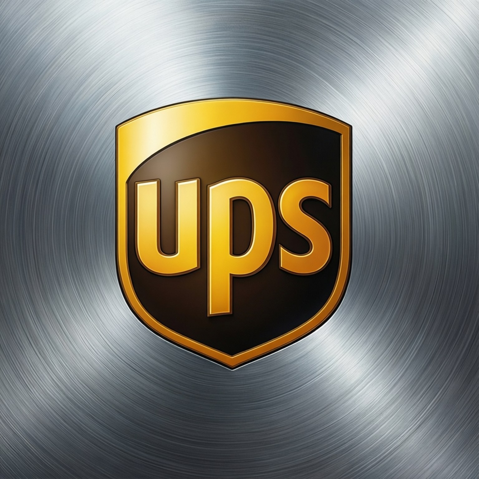 金屬上的UPS標誌 壁紙 — 金色盾牌標誌，中央有粗體UPS字母，背景為拉絲金屬銀色。