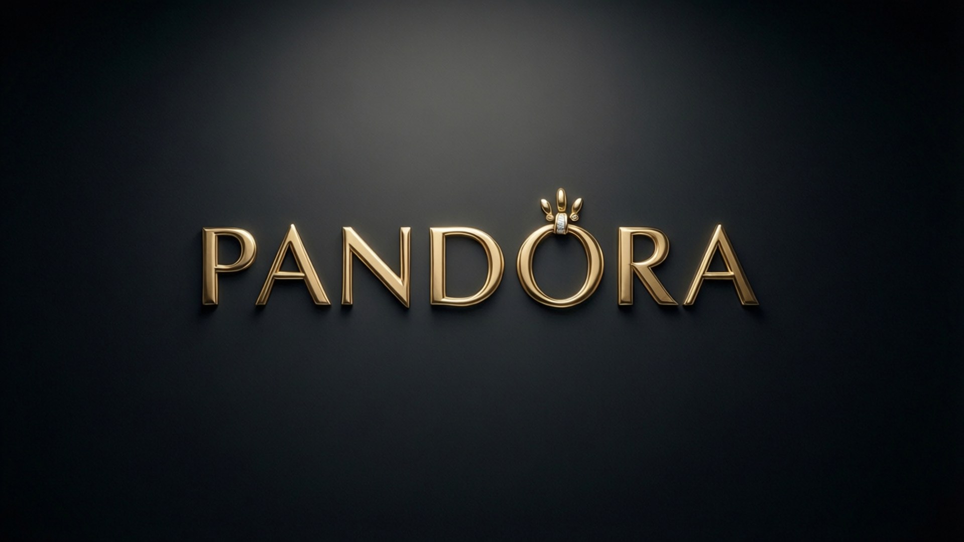 金屬優雅 壁紙 — 金色 'PANDORA' 標誌，帶有皇冠吊飾，居中於深色漸變背景上。