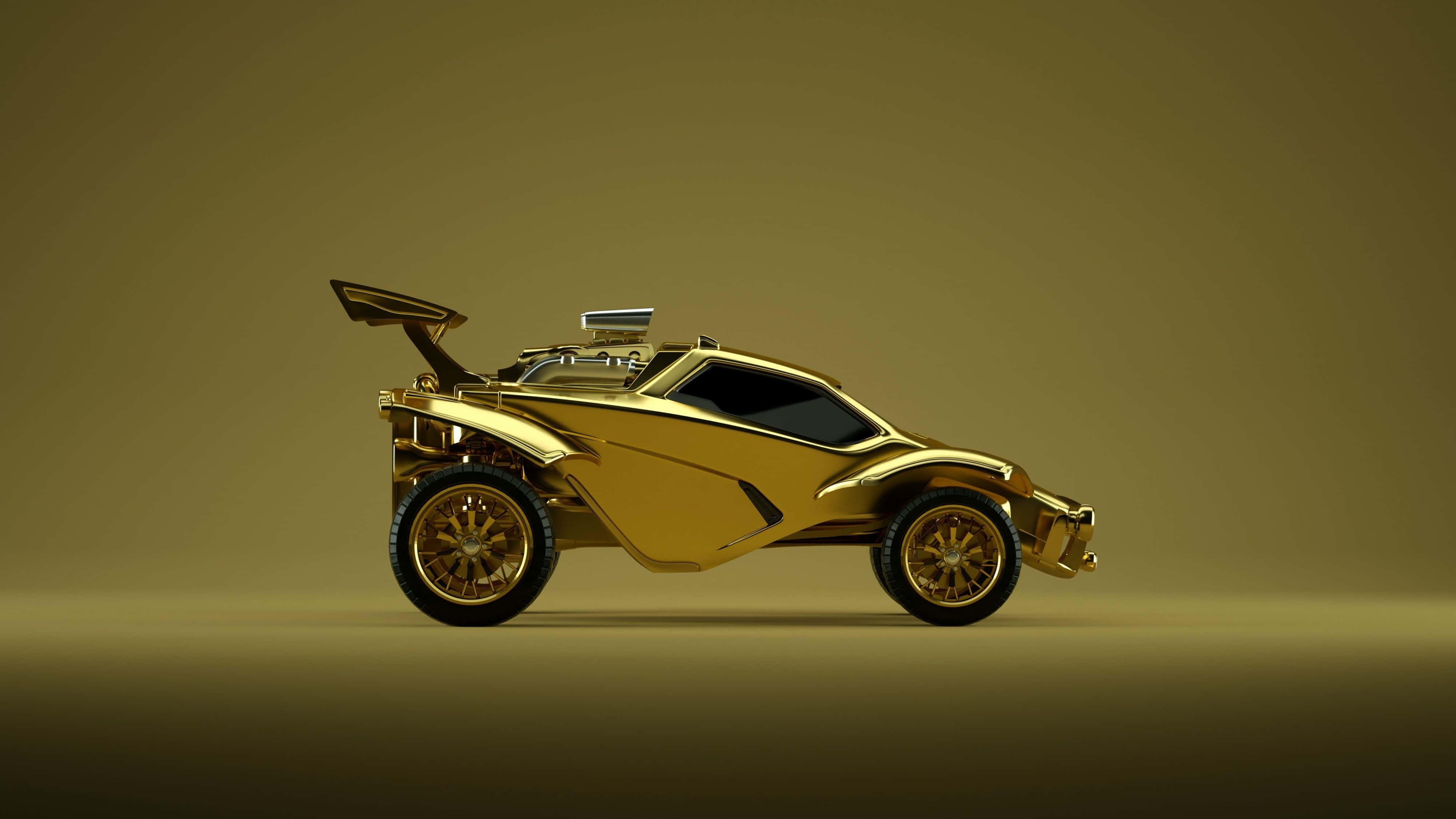 金屬光澤 Octane 型車款火箭聯賽 4K 壁紙 — 一架時尚的金色未來感跑車，配備大型後擾流板和裸露引擎，置於漸變金色攝影棚中。