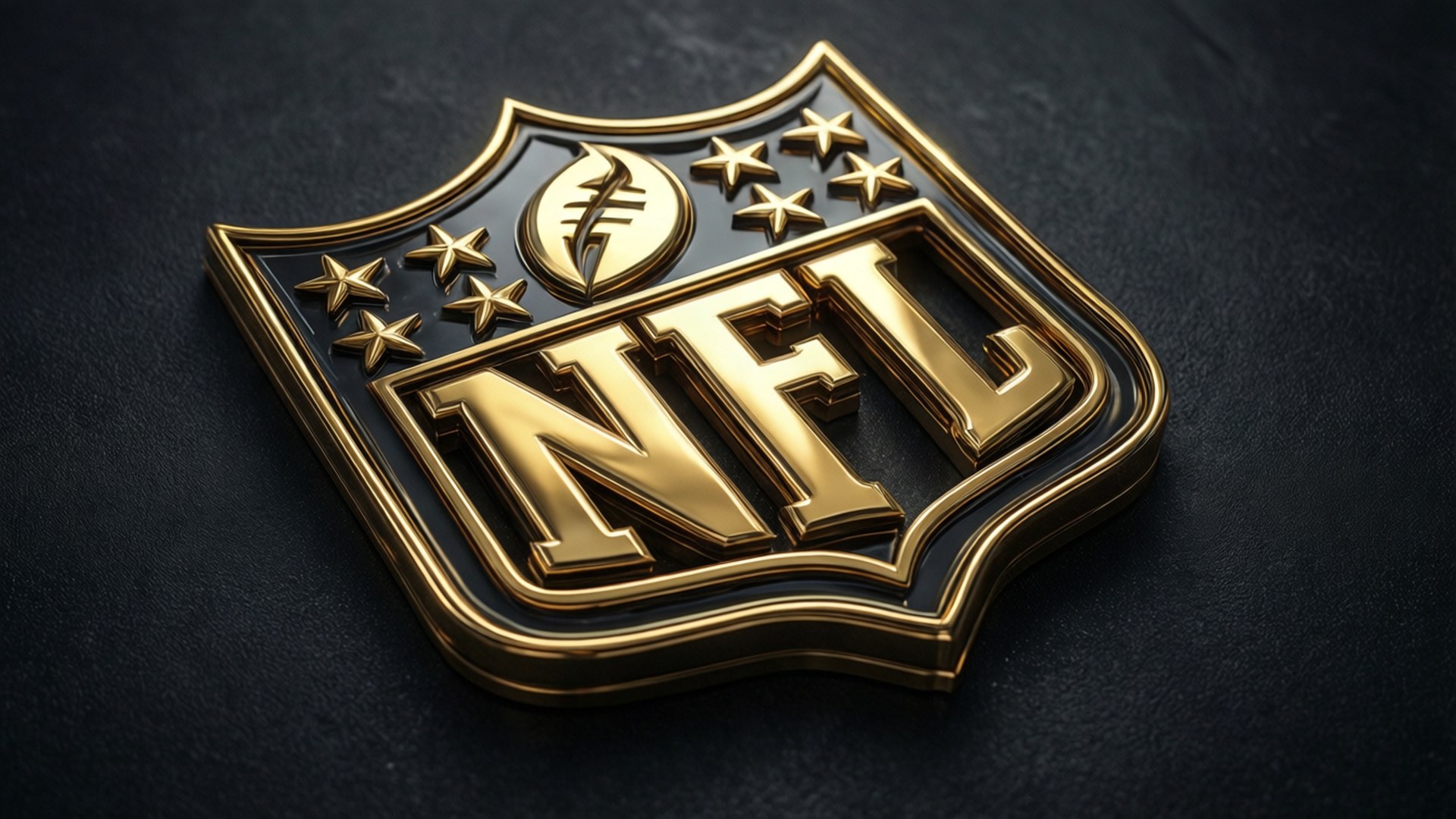 金色NFL標誌盾牌，帶有星星，置於深色紋理背景上