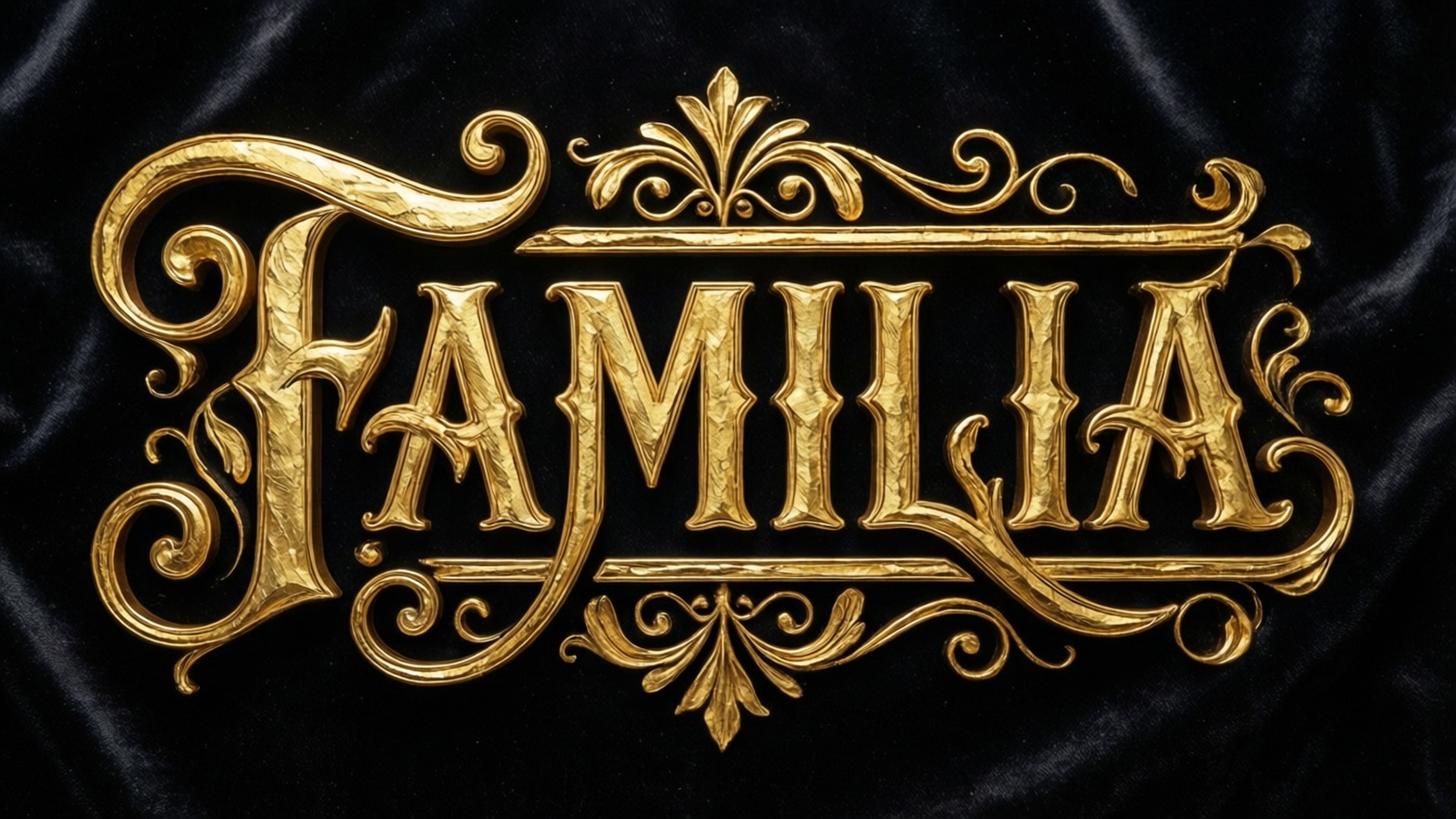 金屬古典英文字體 壁紙 — 金色華麗的 'FAMILIA' 字樣，帶有複雜的花飾，置於柔軟的黑色天鵝絨背景上。