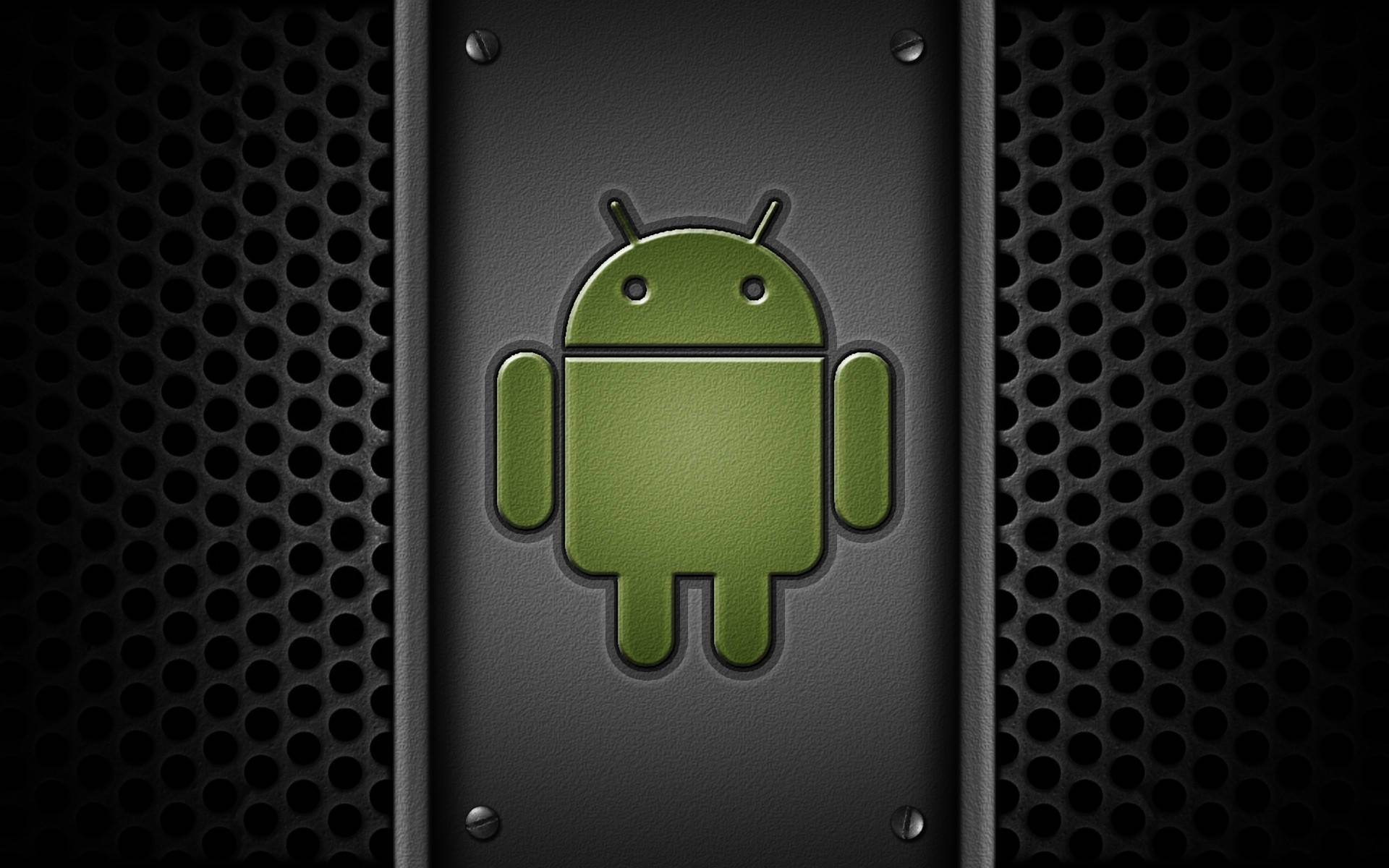金屬壓印標誌安卓平板 壁紙 — 一個綠色Android機械人標誌，壓印在帶有鉚釘的黑色穿孔金屬板上。