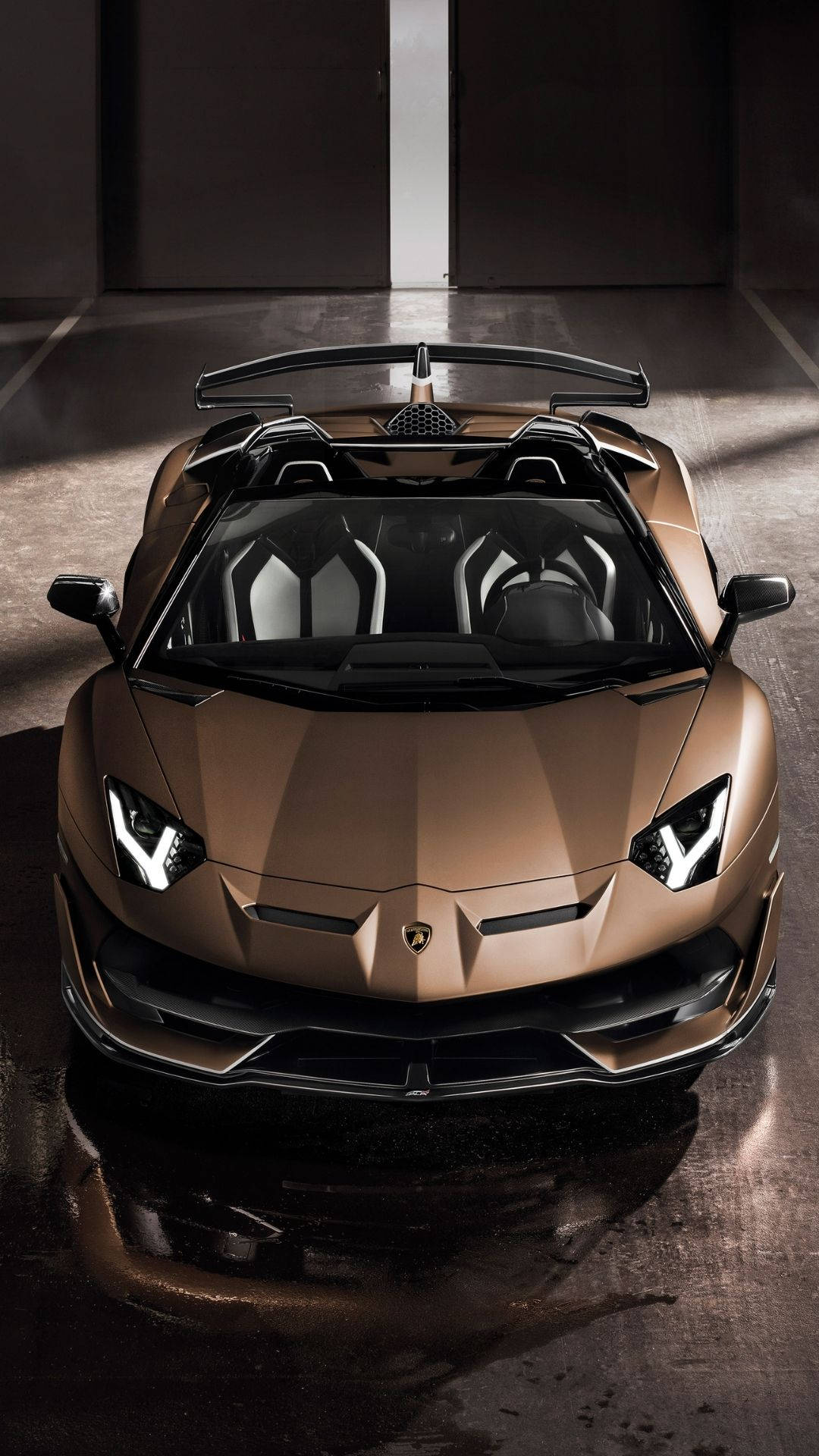 青銅色林寶堅尼 Aventador Roadster 停放在潮濕的車庫中，燈光效果戲劇性。