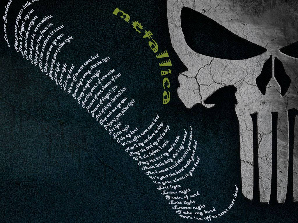 Metallica 骷髏標誌，歌詞在深色紋理背景上圍繞它流動。