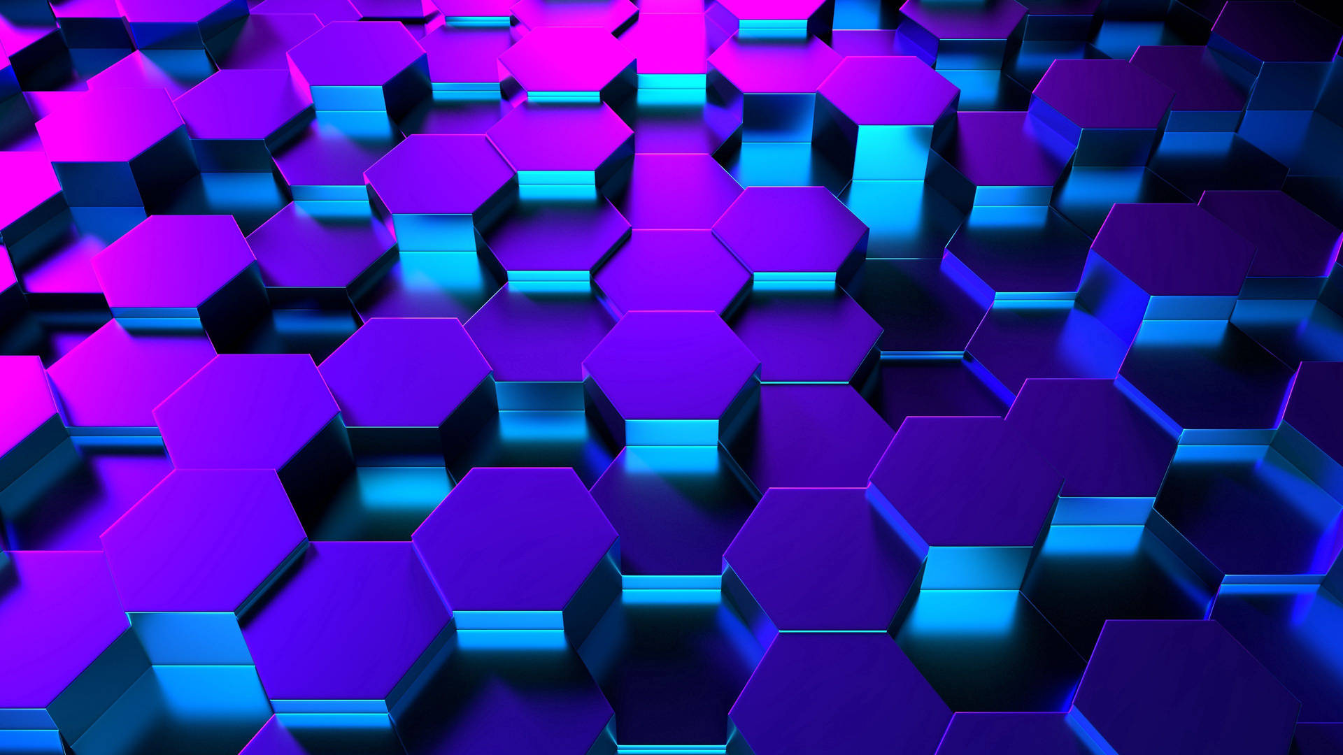 抽象的3D六邊形網格，帶有霓虹藍和紫色燈光。