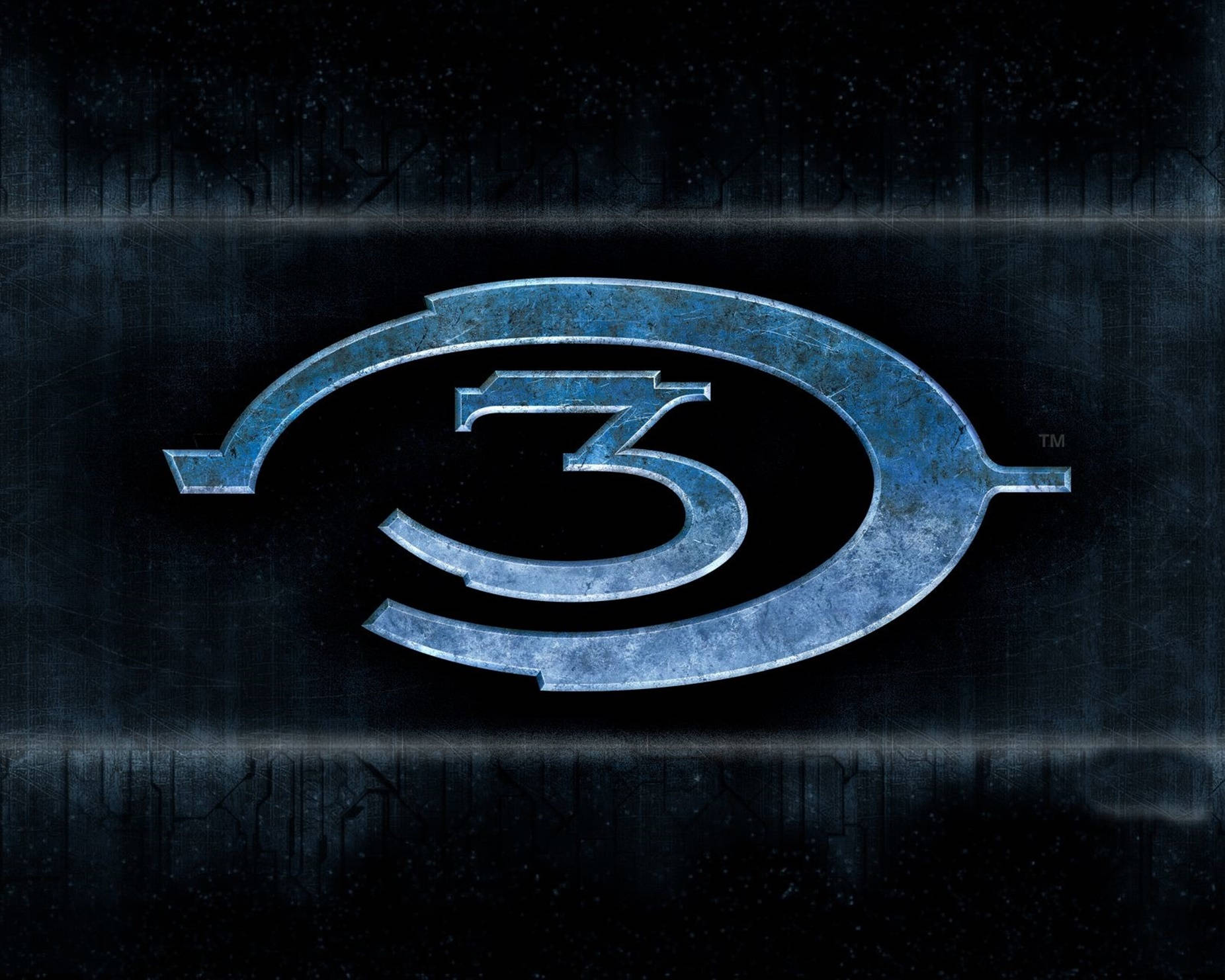  壁紙 — 金屬藍色的 Halo 3 標誌在帶有微妙粒子效果的深色紋理背景上發光。