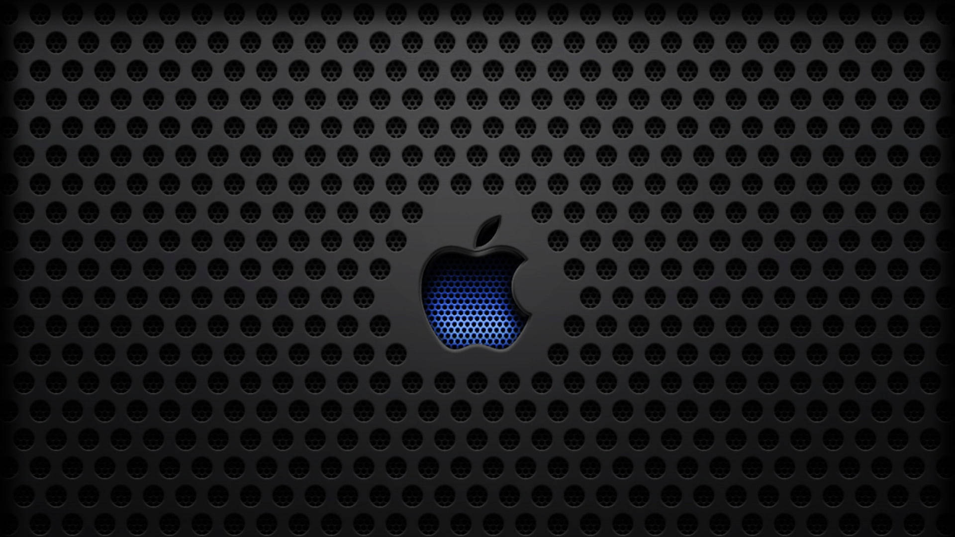Apple標誌在黑色穿孔背景上發出藍光