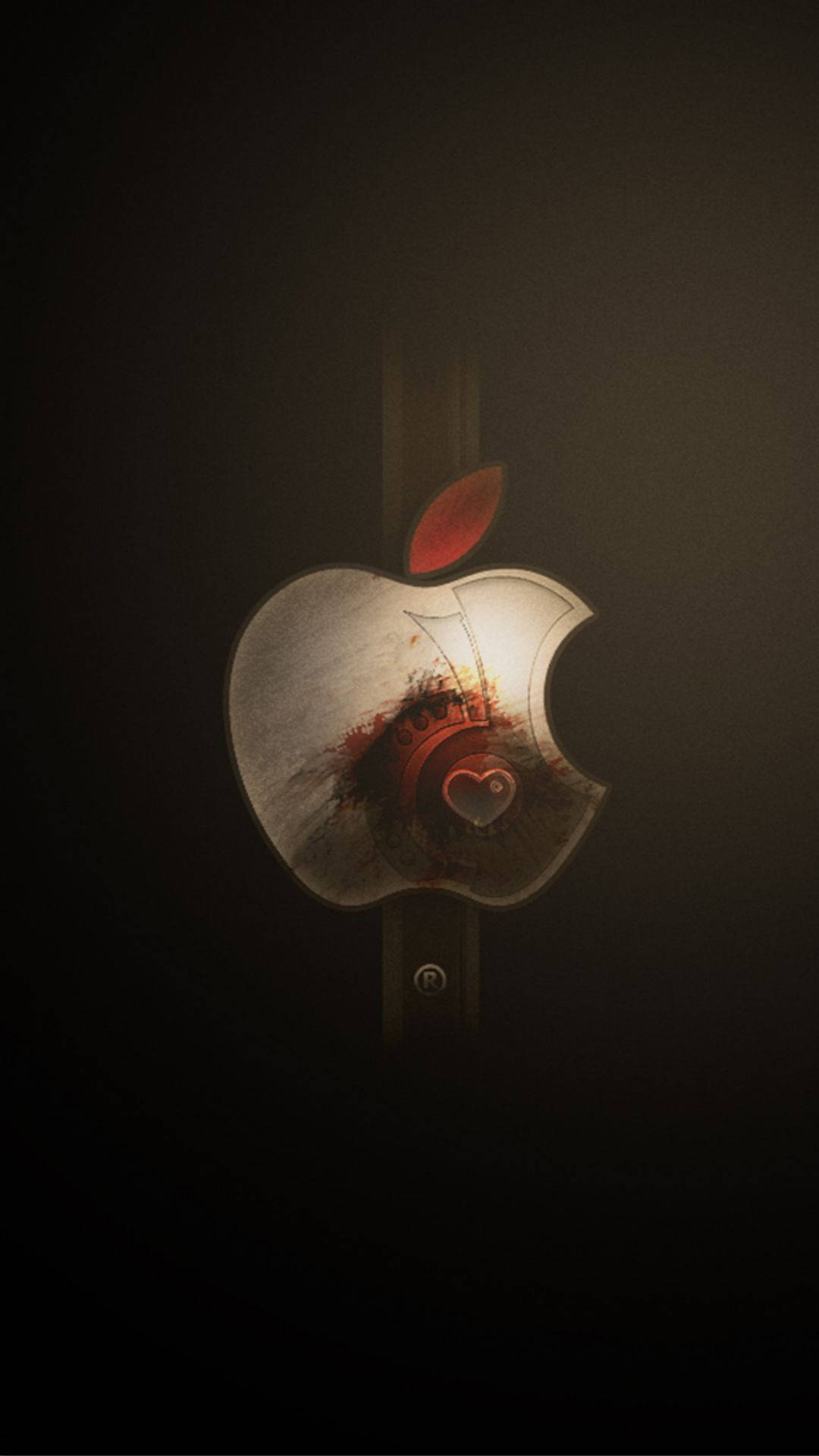 發光的Apple標誌，內部有心形和櫻桃，置於陰暗背景上。