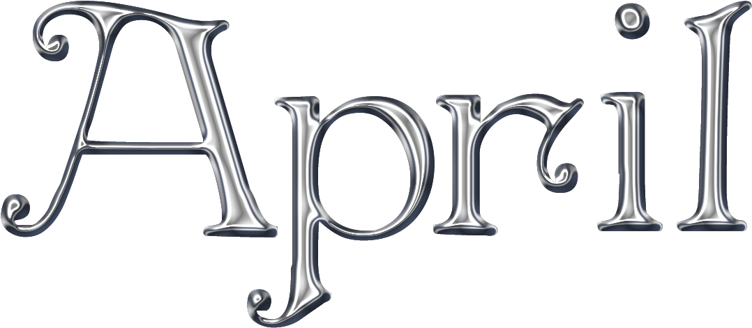 金屬質感四月文字 壁紙 — 「April」一詞以優雅的銀色3D字體呈現，帶有光澤高光，背景為純黑色。