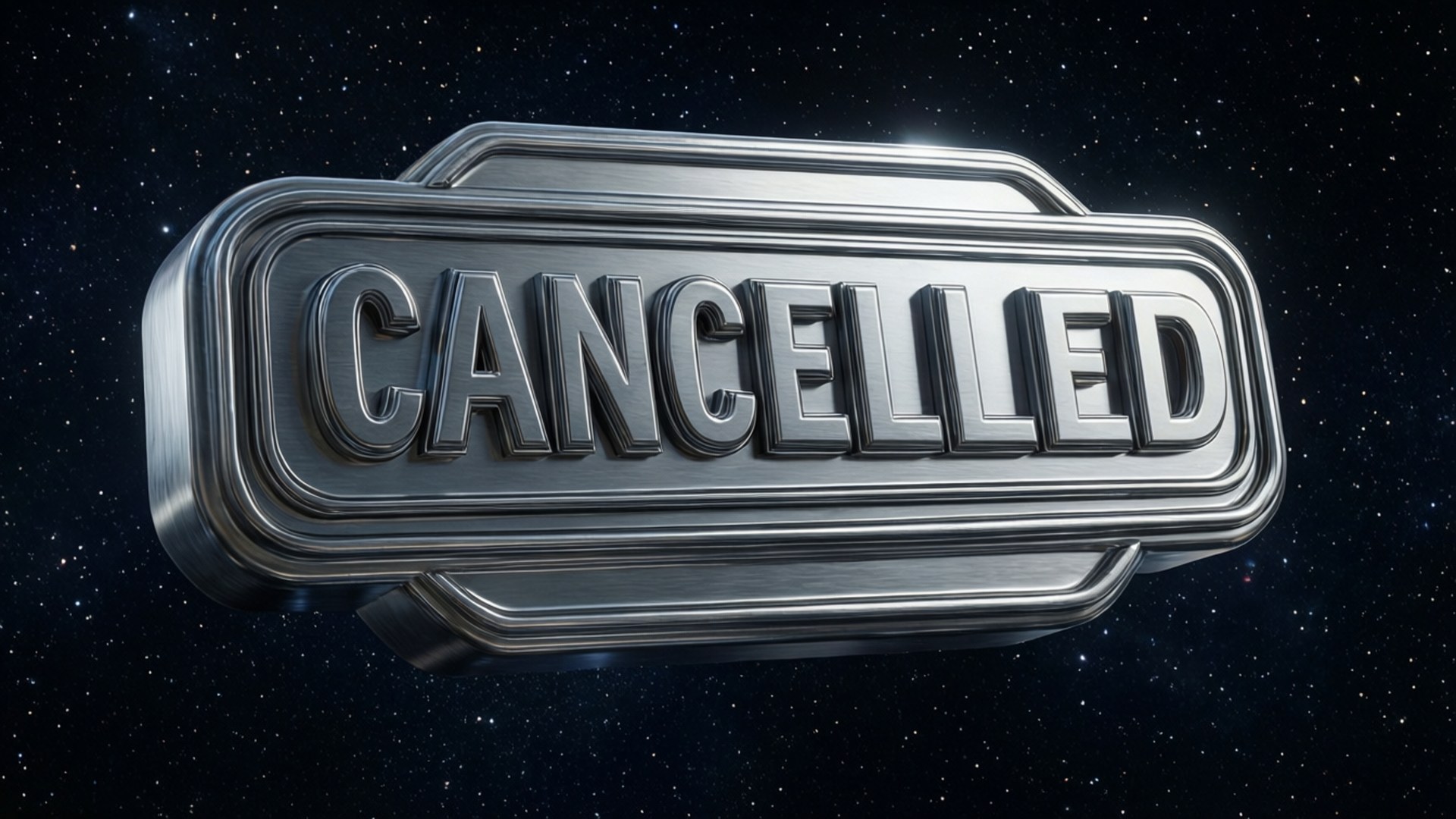 一個閃亮的金屬標誌，上面寫著 cancelled，漂浮在星際空間中。