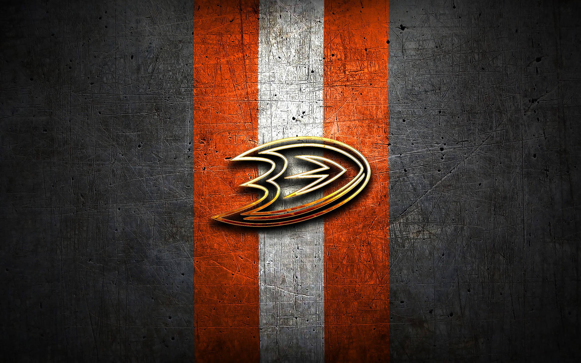 阿納海姆鴨隊（Anaheim Ducks）冰球隊標誌在帶有紋理的橙色、銀色和黑色條紋上。