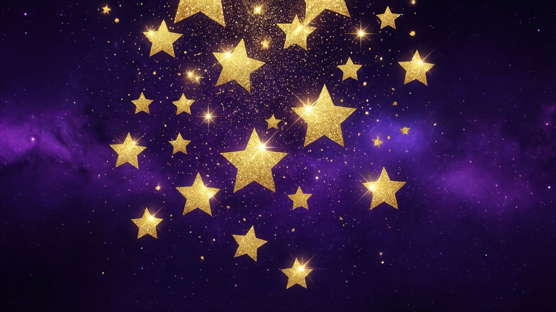 金色星星在紫色星系中閃耀，伴隨著發光的星雲雲。