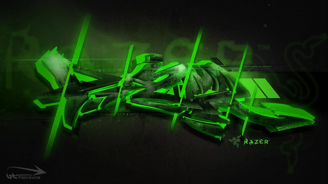螢光綠色 Razer 標誌，帶有尖銳幾何碎片，背景為深色。