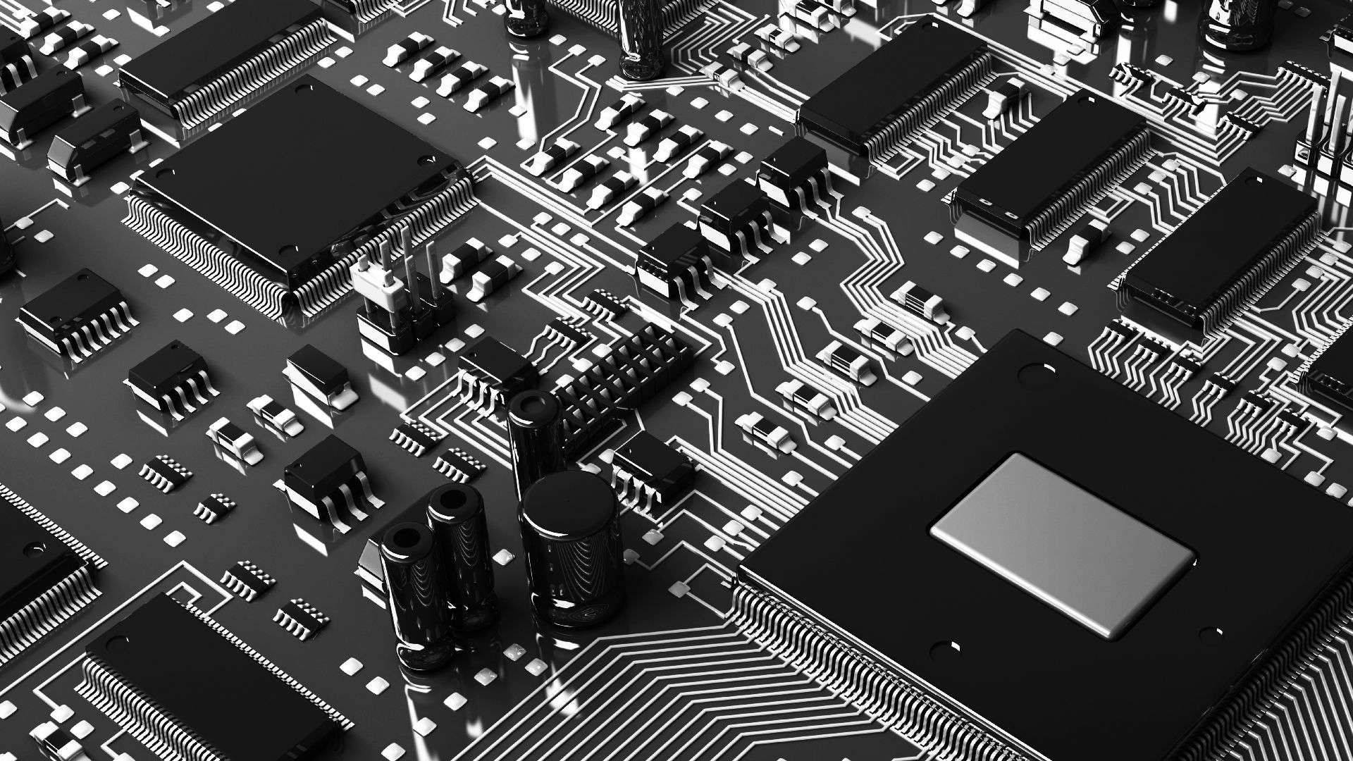 黑白電路板的特寫，帶有銀色路徑和元件。