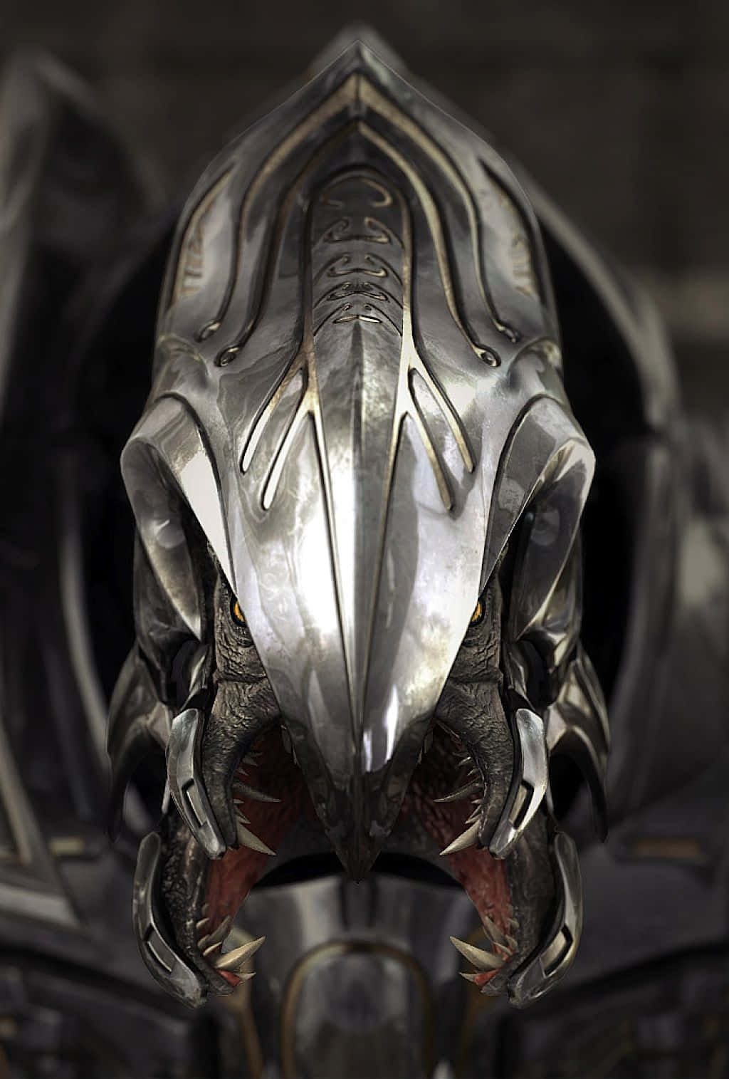 Halo Arbiter 桌布 壁紙 — 金屬龍頭的特寫，眼睛發光，露出尖牙咆哮，充滿威嚇感。