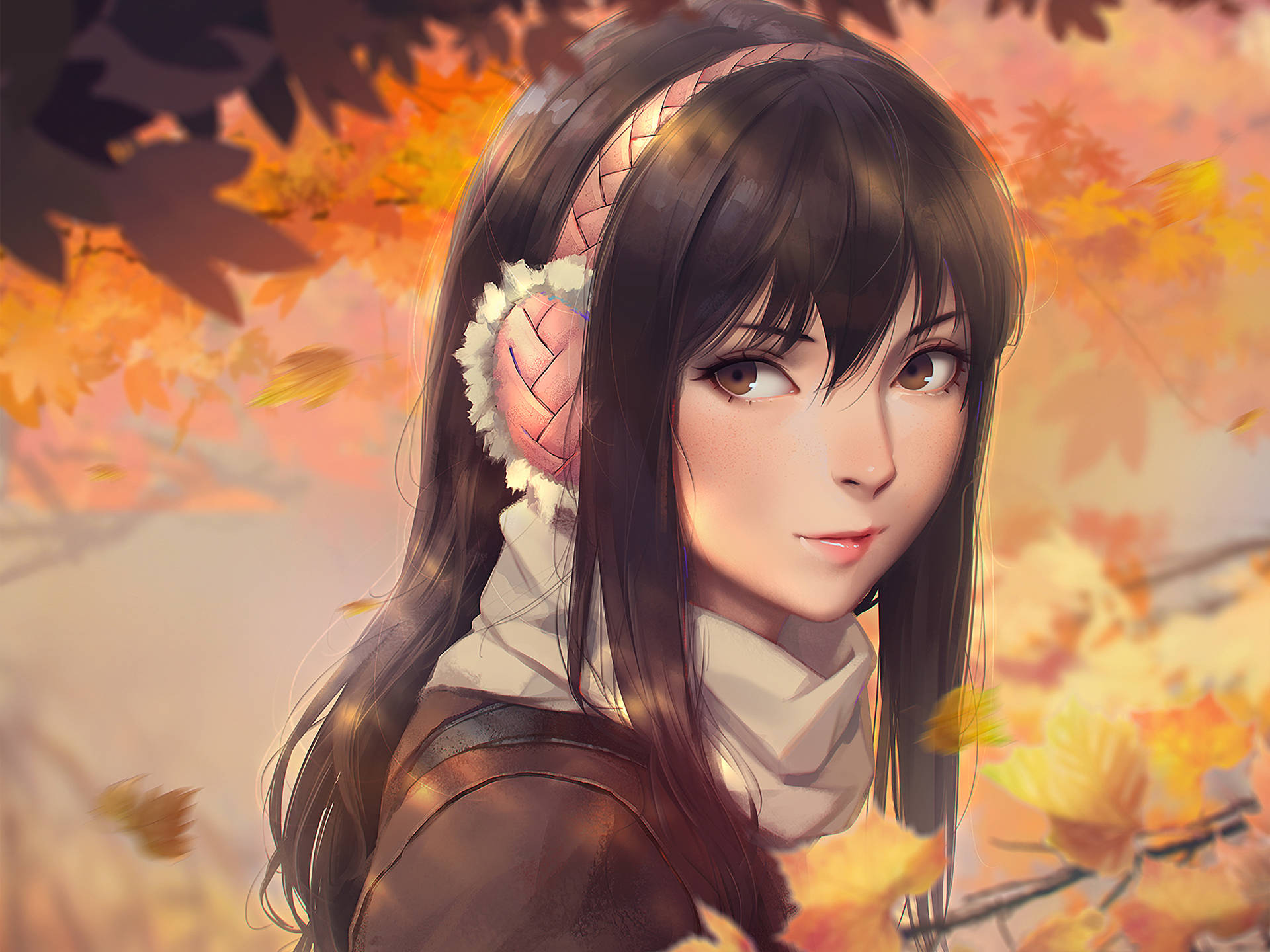 金島香奈《寄生獸》肖像 壁紙 — 一位年輕女性，深色頭髮，溫暖的眼神，戴著編織耳罩和圍巾，身處柔和的金色光線中，周圍是飄落的秋葉。