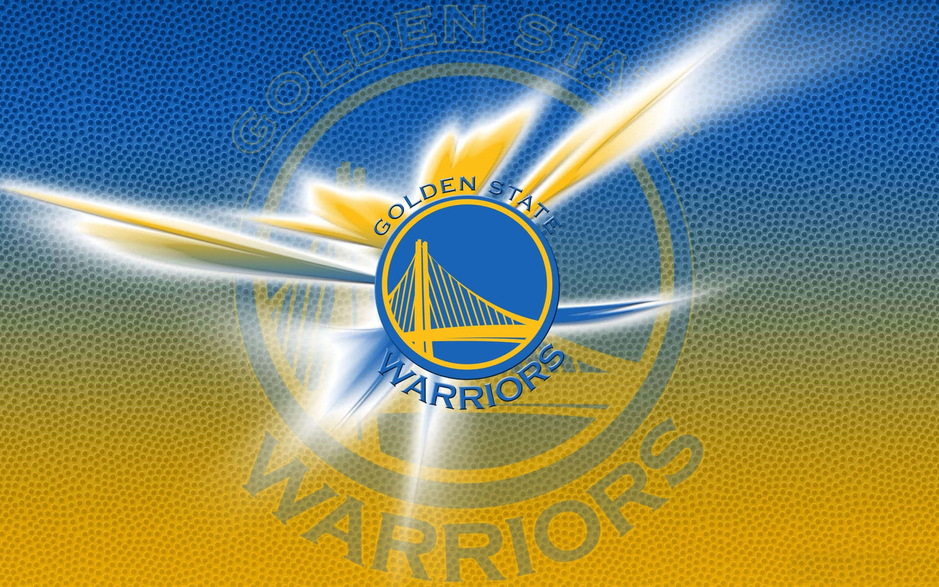 金州勇士隊籃球隊標誌，在藍色和金色背景上帶有發光的黃色光束。