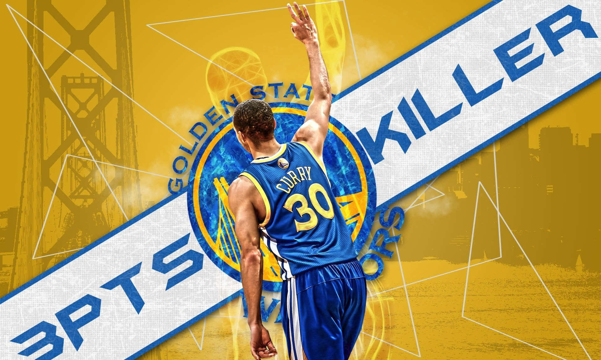 steph curry 桌布 壁紙 — 金州勇士隊球員史提芬居里身穿藍色30號球衣，在黃色背景上帶有「3PT KILLER」文字和橋樑剪影的背景下投籃。