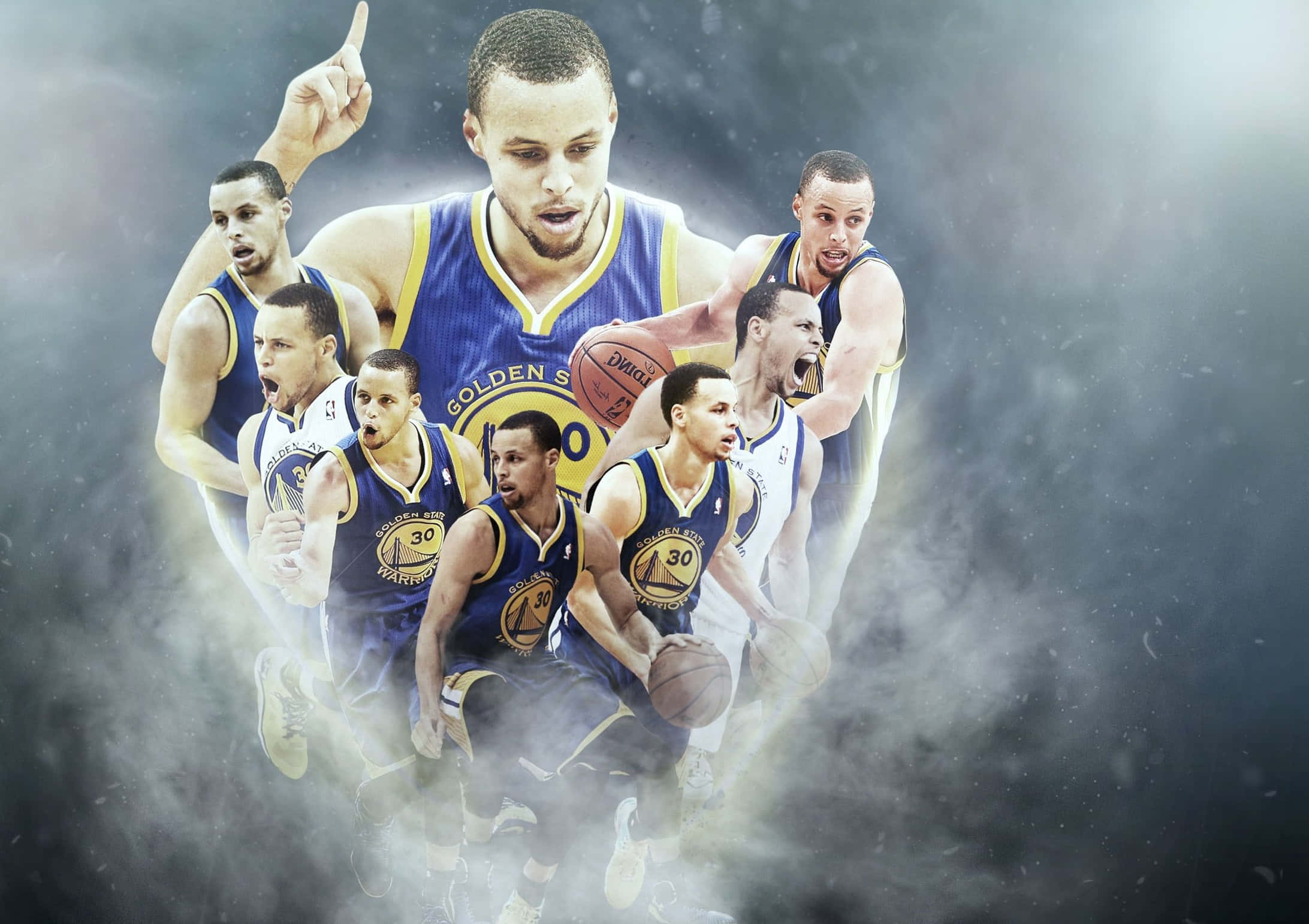 Cool Basketball 桌布 壁紙 — 金州勇士隊球衣的籃球運動員史提芬·居里在煙霧灰色背景上以多個動作姿勢捕捉的動態拼貼畫。