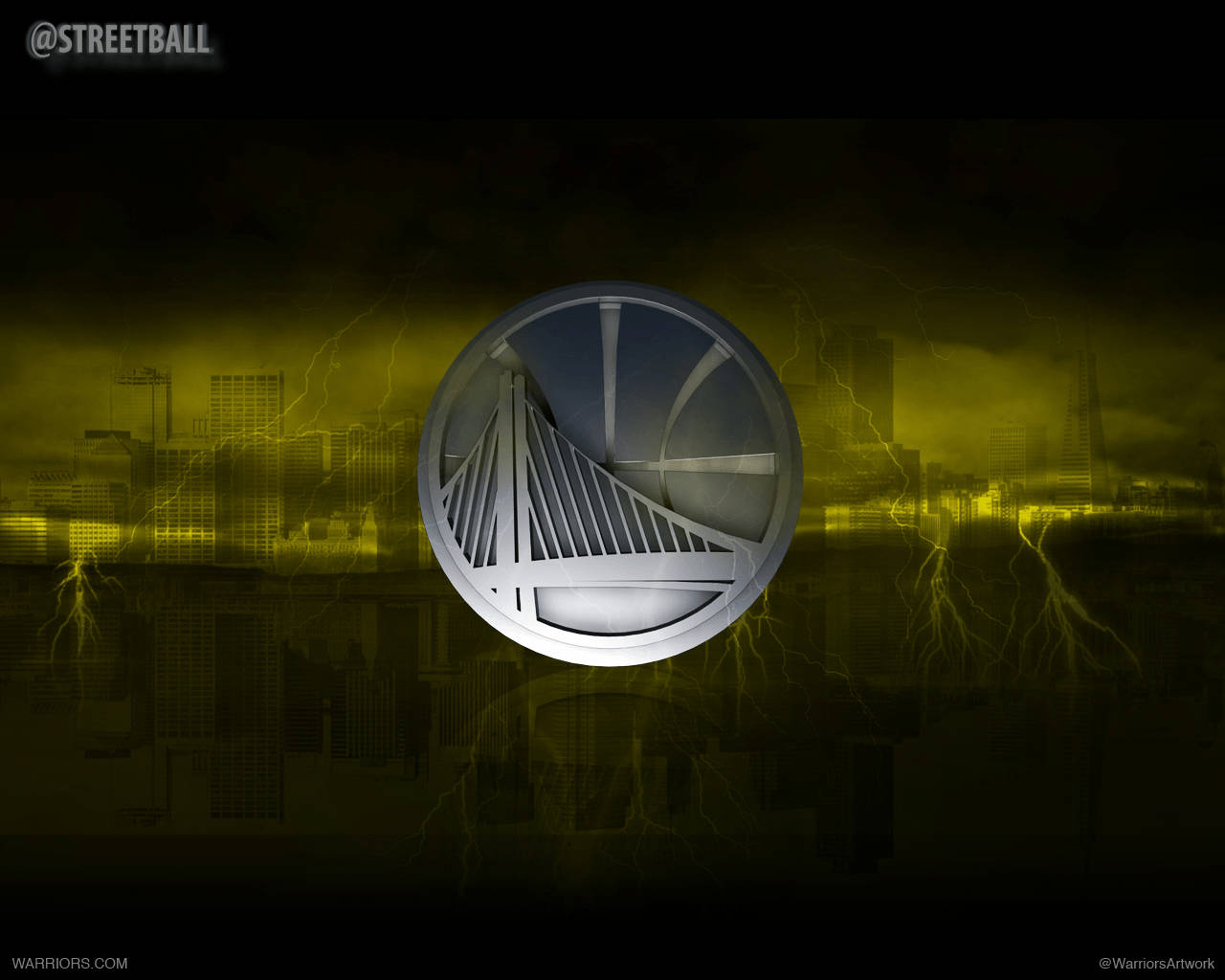 Golden State Warriors 標誌在暴風雨的城市上空發光，伴隨著閃電。