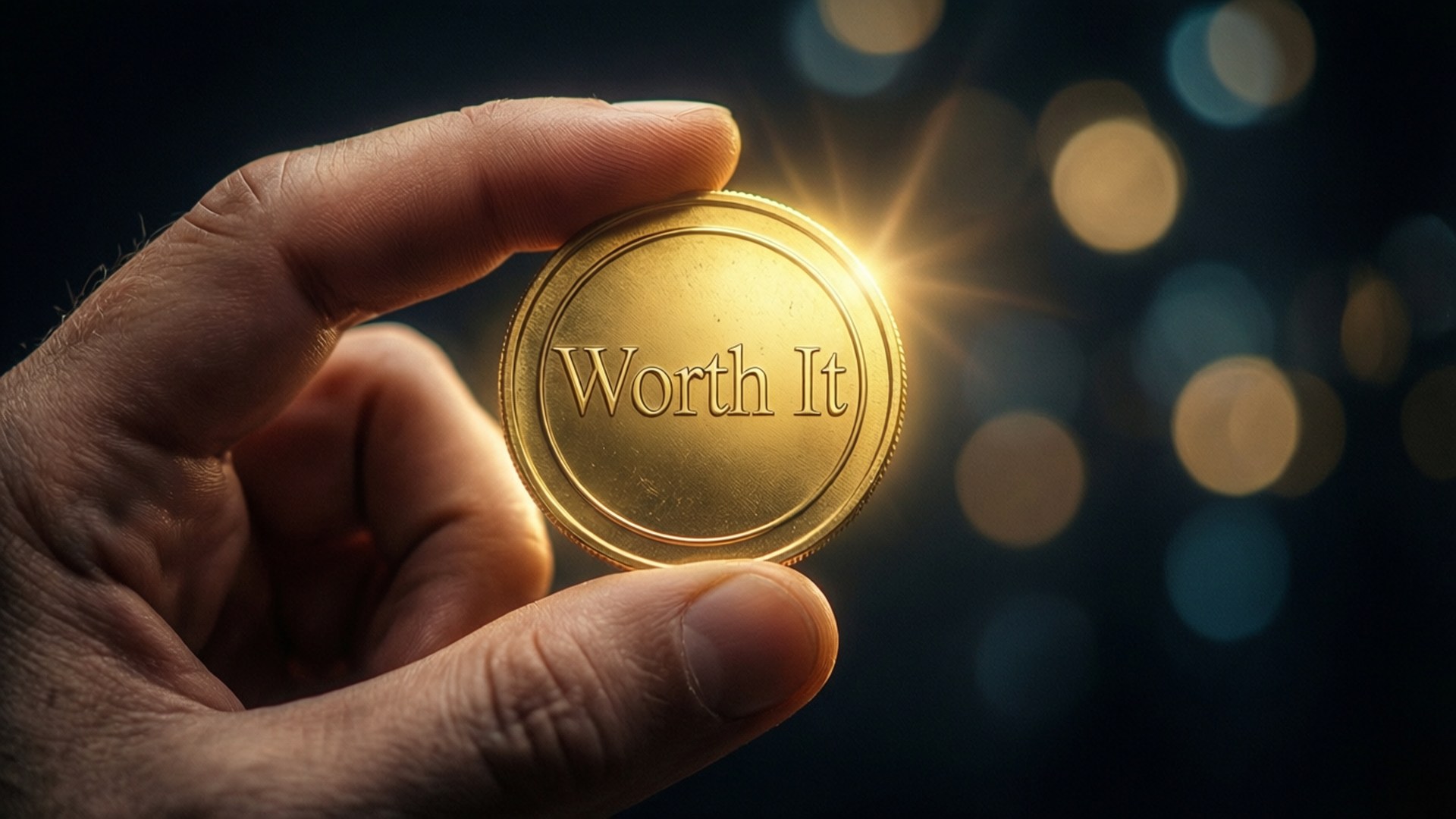 金幣價值 壁紙 — 一隻手握住一枚刻有Worth It字樣、閃閃發光的金幣，背景是帶有光暈的暗色散景。