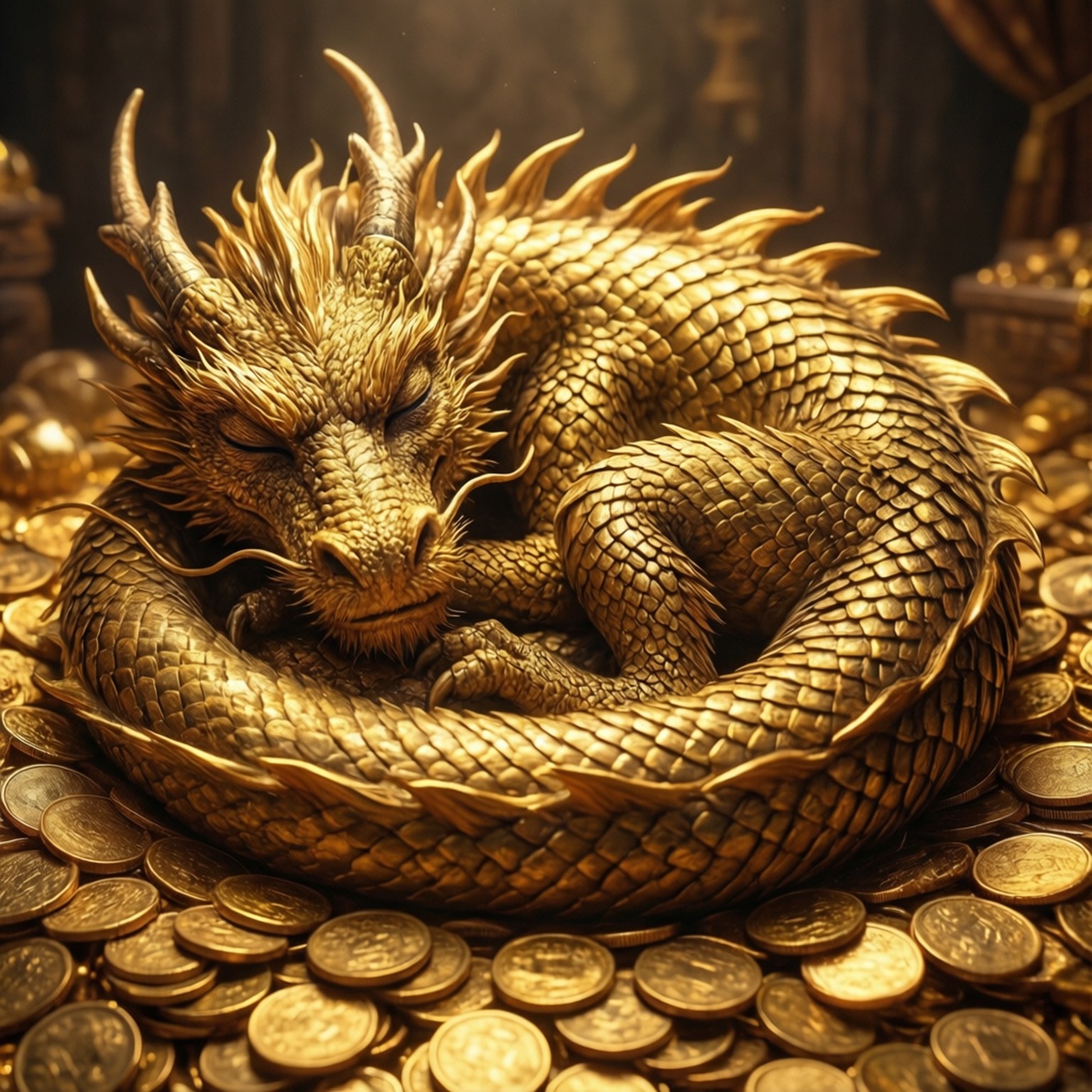 一條金龍蜷縮在金幣堆中，在寶藏室裡睡著。