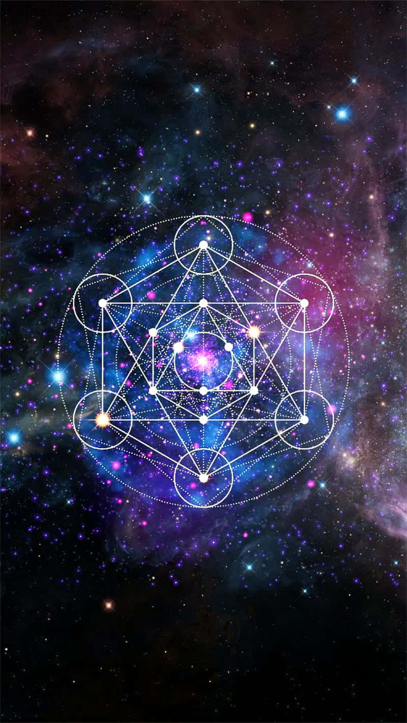 神聖幾何符號在帶有星星的彩色宇宙星雲中發光。