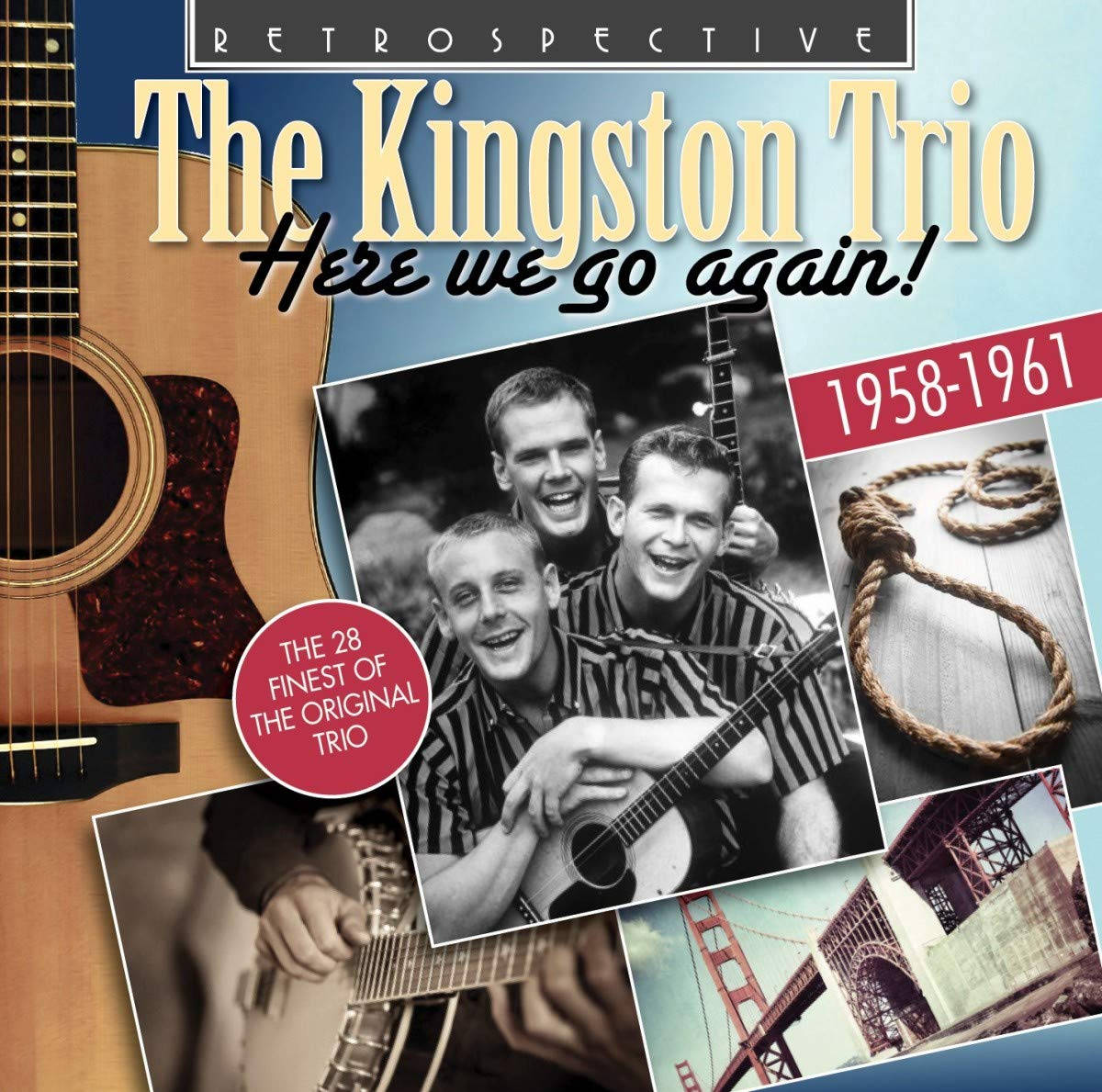金斯頓三重唱《Here We Go Again》專輯封面 壁紙 — The Kingston Trio 的復古專輯封面，包含樂隊的黑白照片、原聲結他和藍色背景上的繩索。