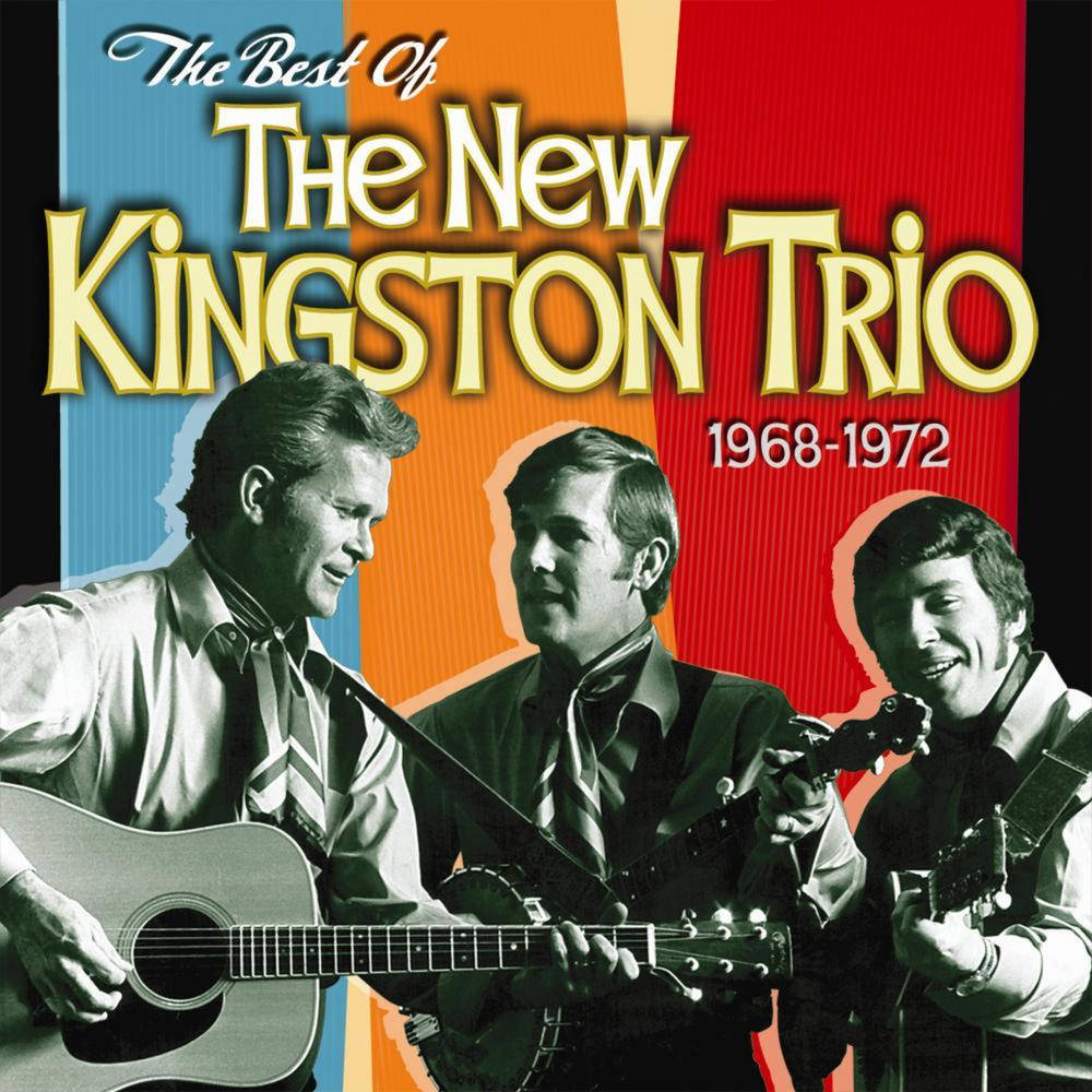 金斯頓三重唱《The Best Of The New Kingston Trio 1968-1972》專輯封面 壁紙 — 三位微笑的黑白男士在藍色、橙色和紅色條紋的大膽復古背景前彈奏原聲結他。