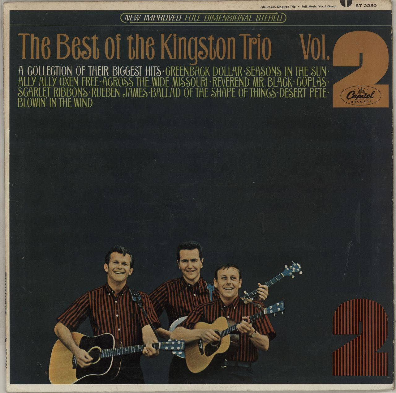 金斯頓三重唱《The Best of the Kingston Trio Volume 2》專輯封面 壁紙 — 三位微笑的男子身穿條紋襯衫，在深色背景前彈奏木結他，這是Capitol Records的復古專輯封面。