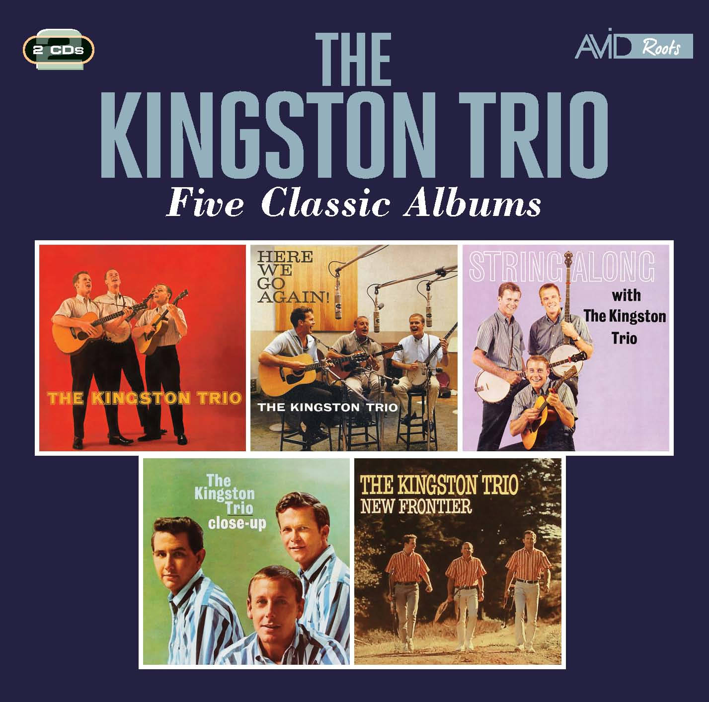 金斯頓三重唱傳奇專輯收藏 壁紙 — The Kingston Trio 的復古專輯封面拼貼，包含五張經典專輯藝術，音樂家穿著條紋襯衫和原聲樂器。