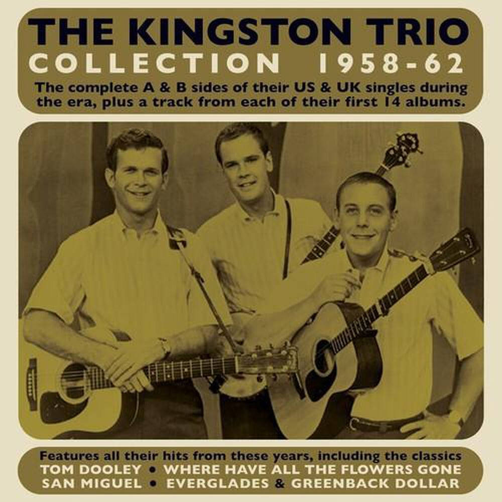 金斯頓三重唱經典收藏專輯封面 壁紙 — 復古棕褐色調照片，The Kingston Trio 三人微笑著手持木結他，背景為窗簾。