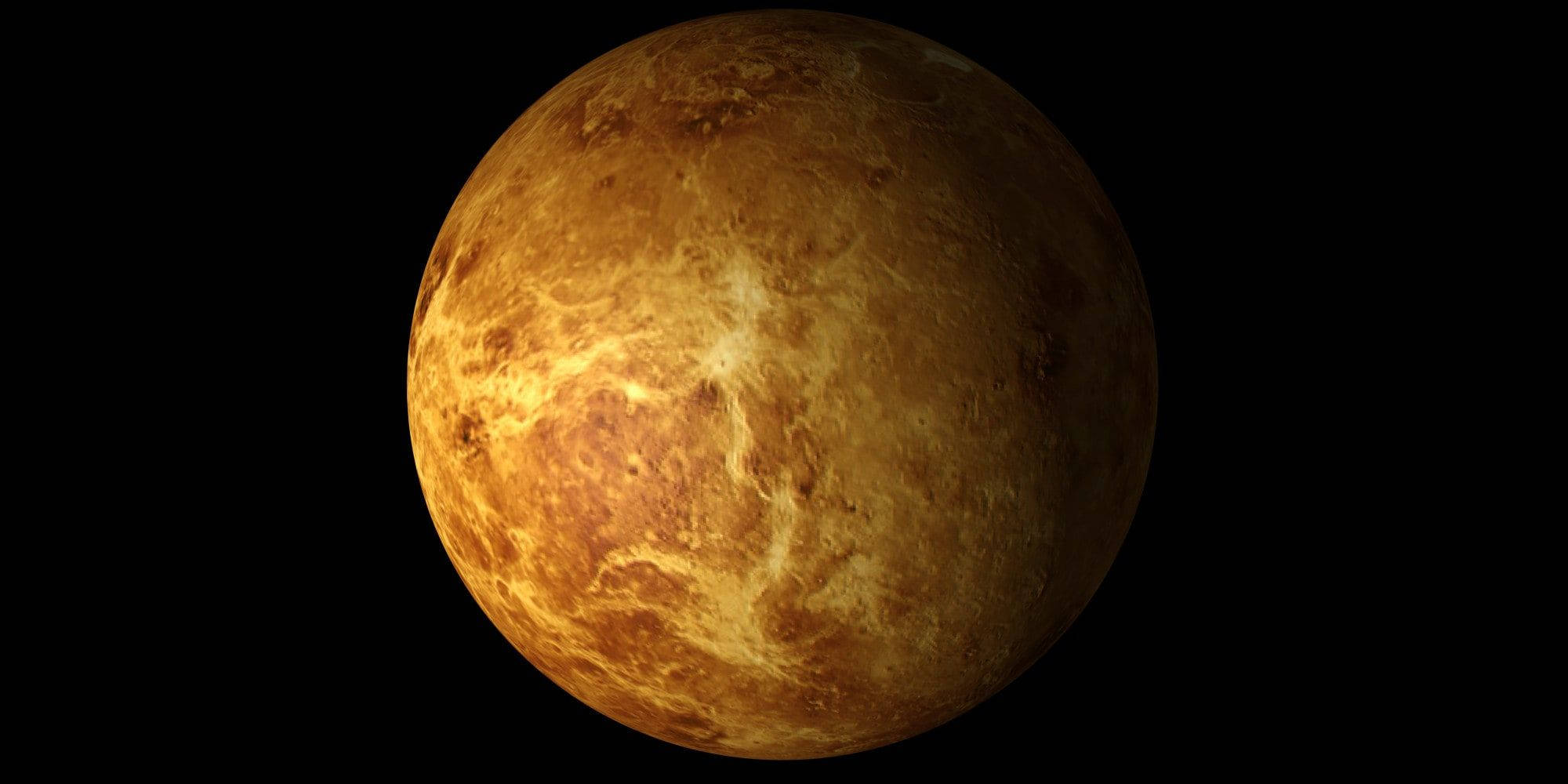 金星深空陰影 壁紙 — 一顆發光的金色行星，表面有漩渦圖案，襯托在深邃的黑色虛空中。