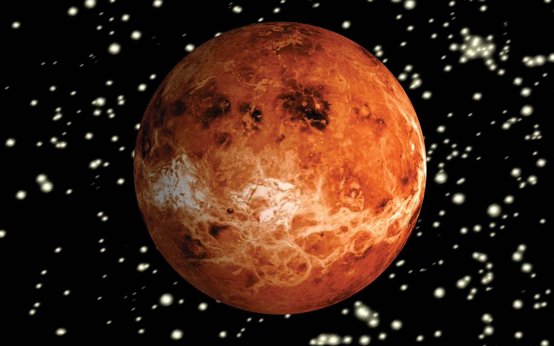 金星與散星 壁紙 — 一顆鮮豔的橙色行星，帶有旋轉的雲層，漂浮在深空星場中。