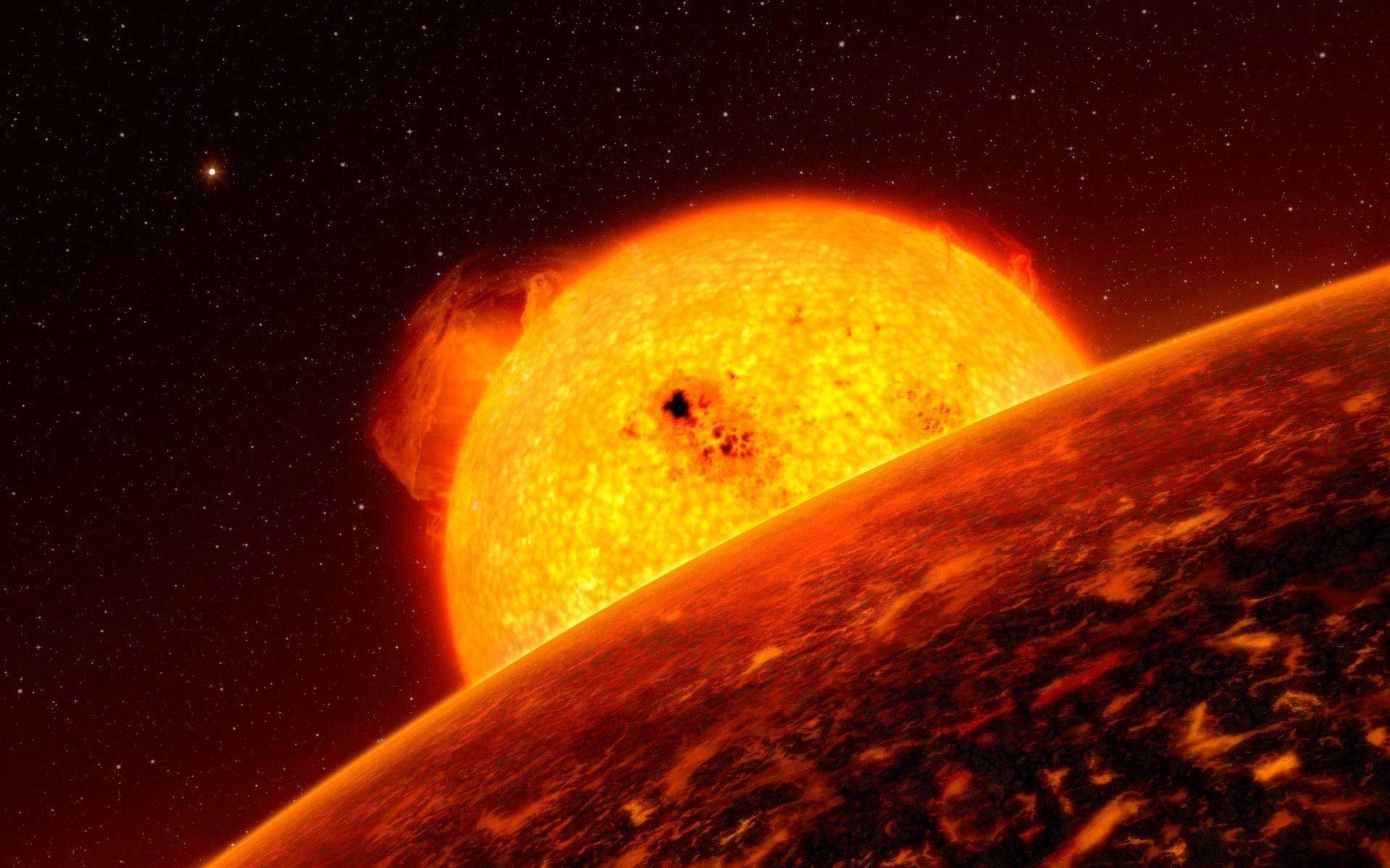金星與熾熱太陽相伴 壁紙 — 一顆熾熱的太陽在佈滿星辰的宇宙背景下，於一顆微紅色的外星行星上方噴發太陽耀斑。