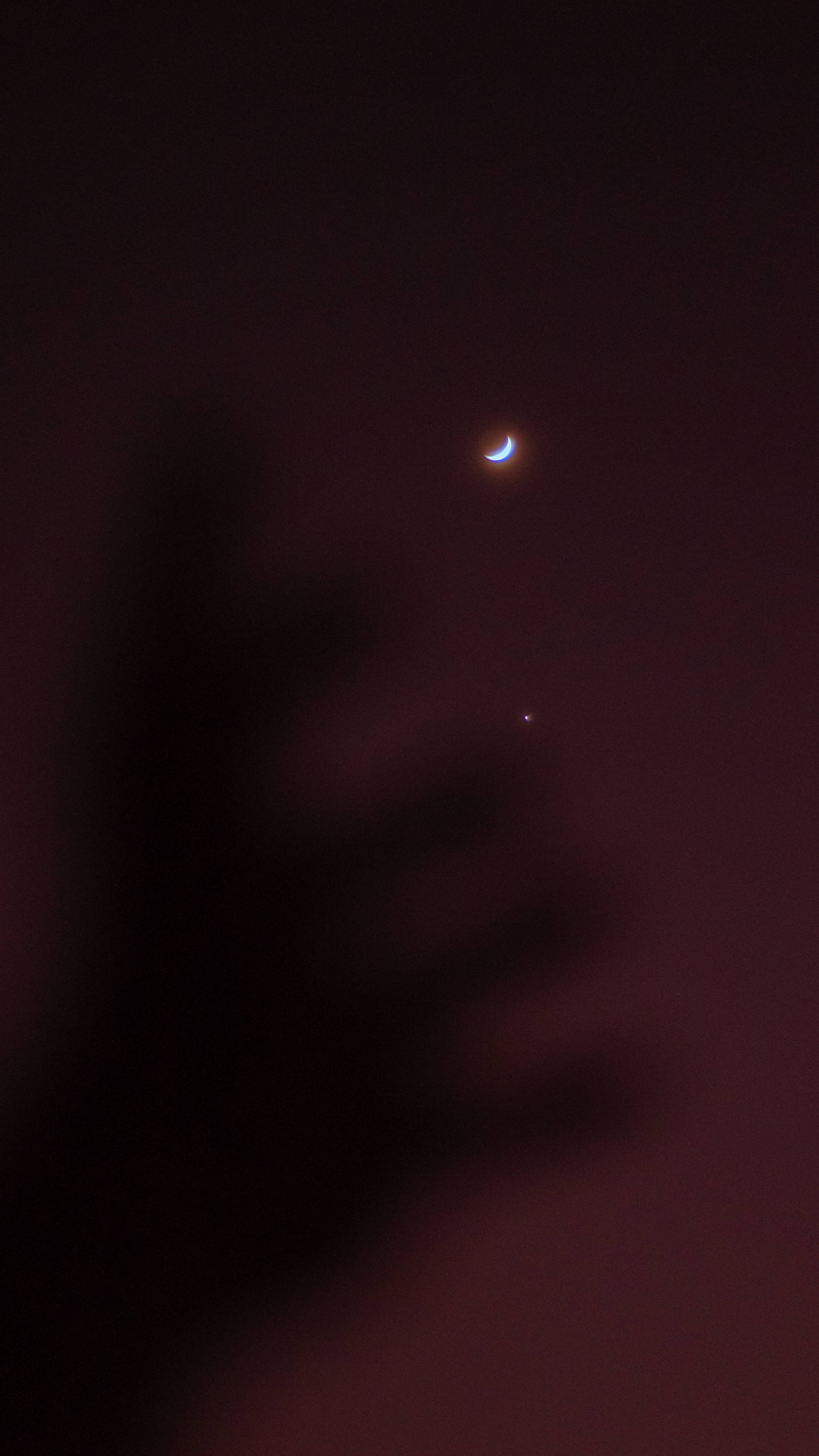 金星與美學月 壁紙 — 一隻模糊的手影伸向深栗色夜空中的發光新月和遙遠的星星。
