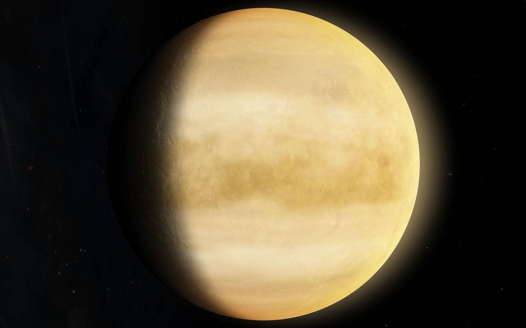 金星被太陽影線切半 壁紙 — 一顆發光的黃色行星，帶有旋轉的雲層，主宰著佈滿星星的黑色虛空。