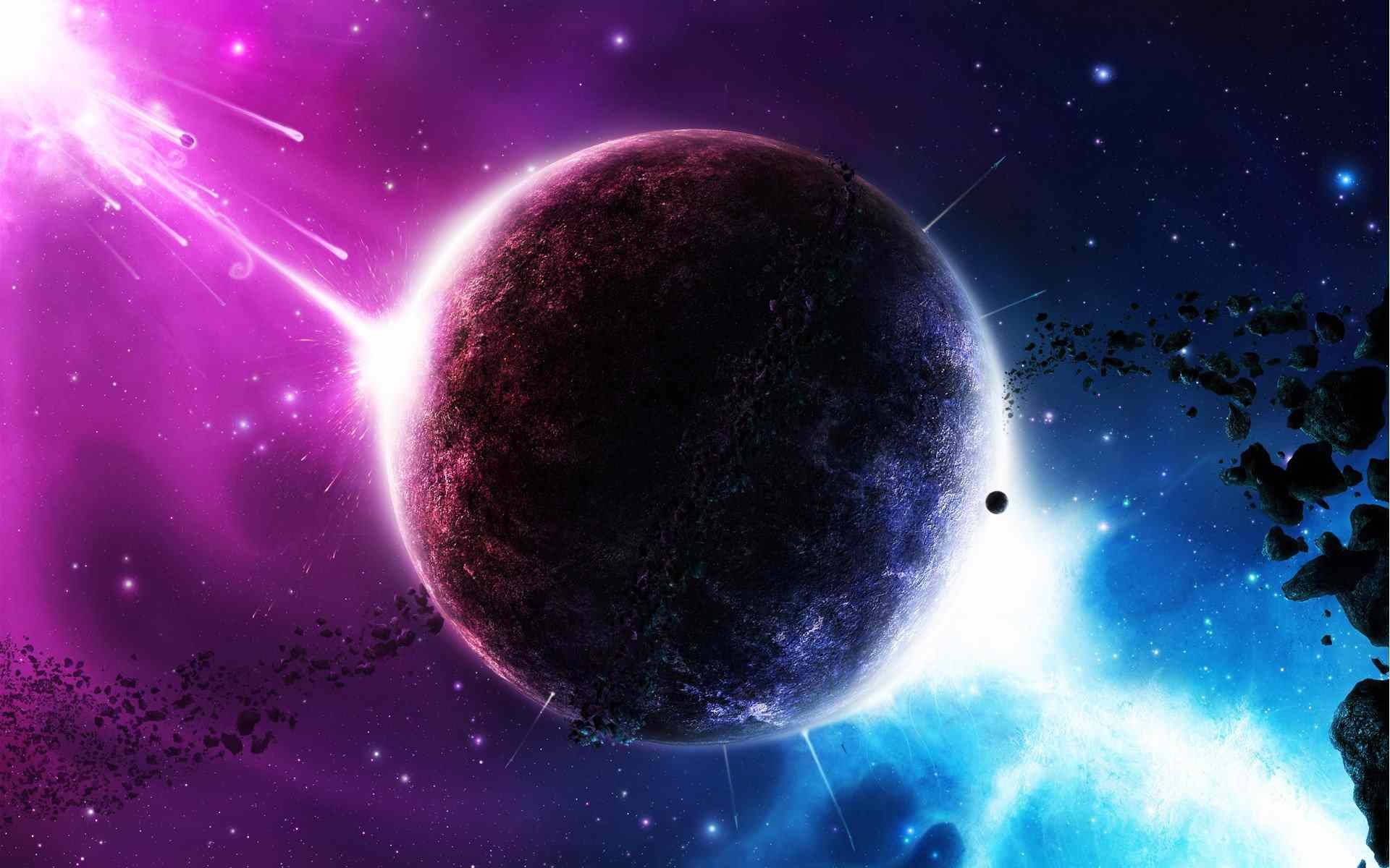 金星被紫藍光束轟擊 壁紙 — 一顆帶有發光光環的黑暗行星漂浮在宇宙碎片中，背景是充滿星星的鮮豔紫色和藍色星雲。