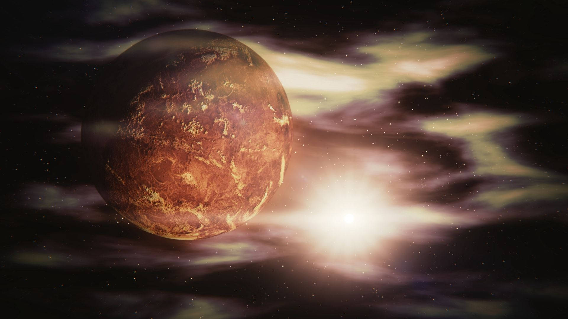 金星被綠煙包圍 壁紙 — 一顆鏽紅色的行星，帶有旋轉的雲層，在繁星點點的宇宙中，在燦爛的太陽下發光。