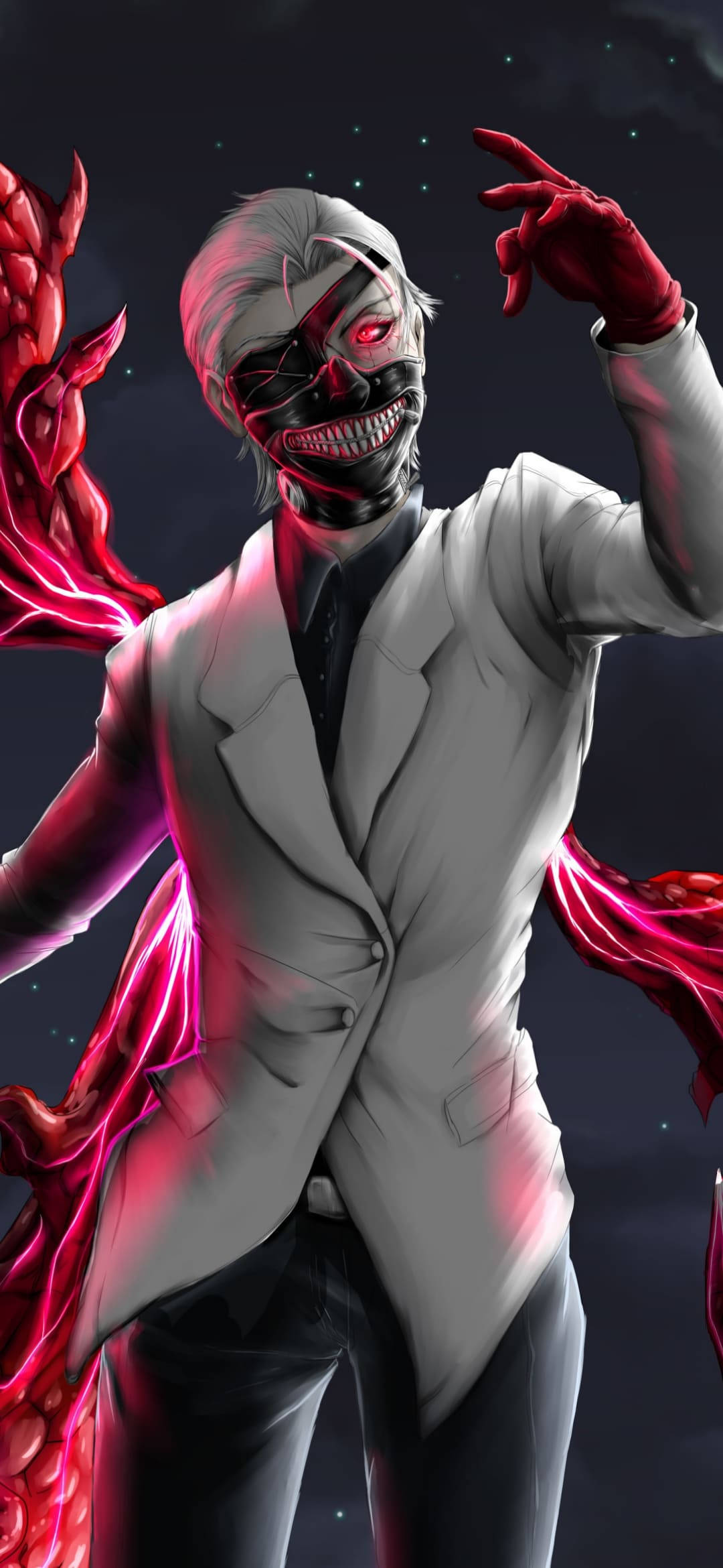 Ken 白色禮服 Tokyo Ghoul iPhone 背景 壁紙 — 一個面容分裂、雙眼發出紅光的威嚇性動漫角色，在繁星點點的夜空下揮舞著深紅色的能量觸手。